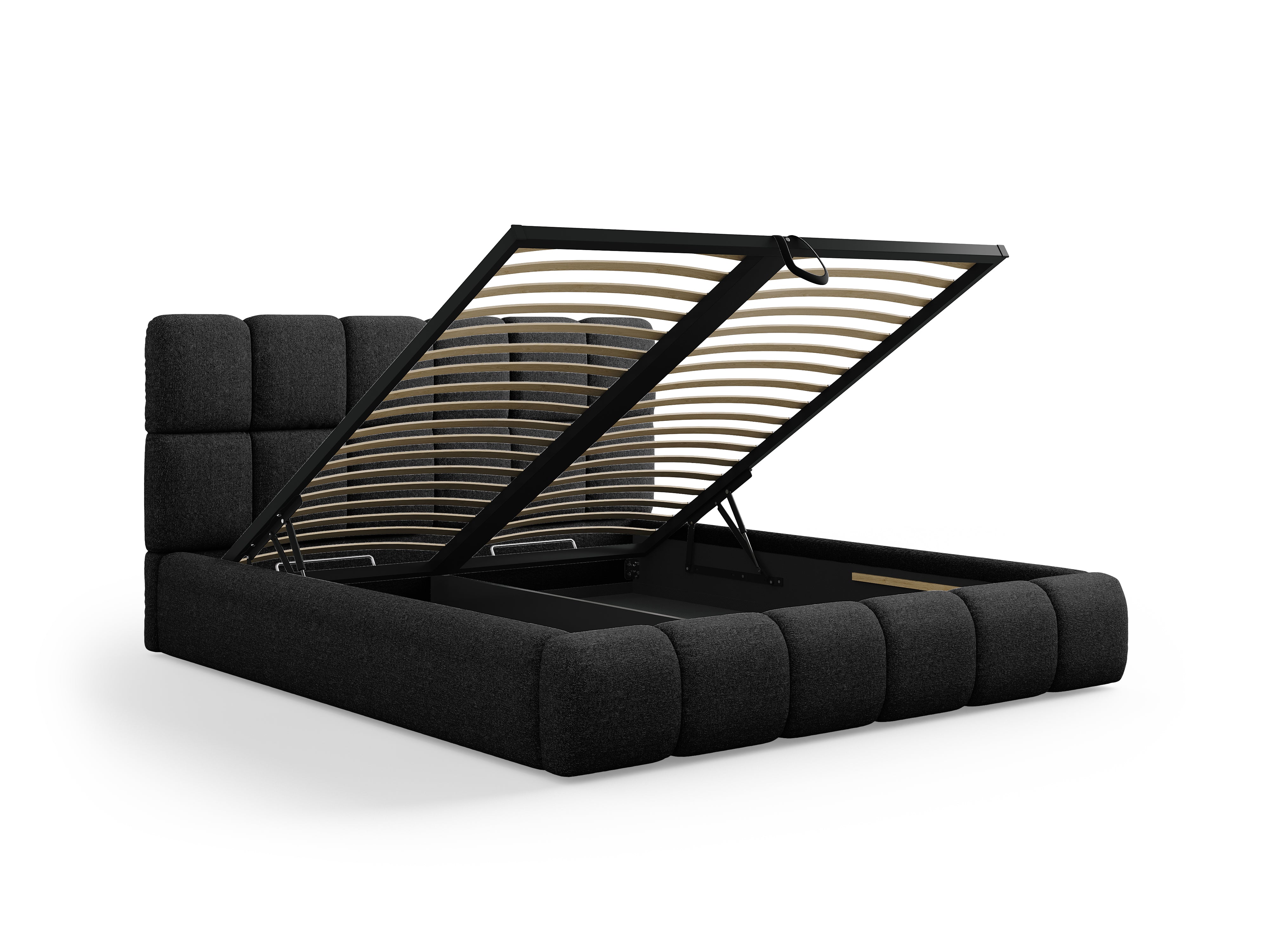 BELLIS Bed with Storage for Bedding in Black Silky Chenille