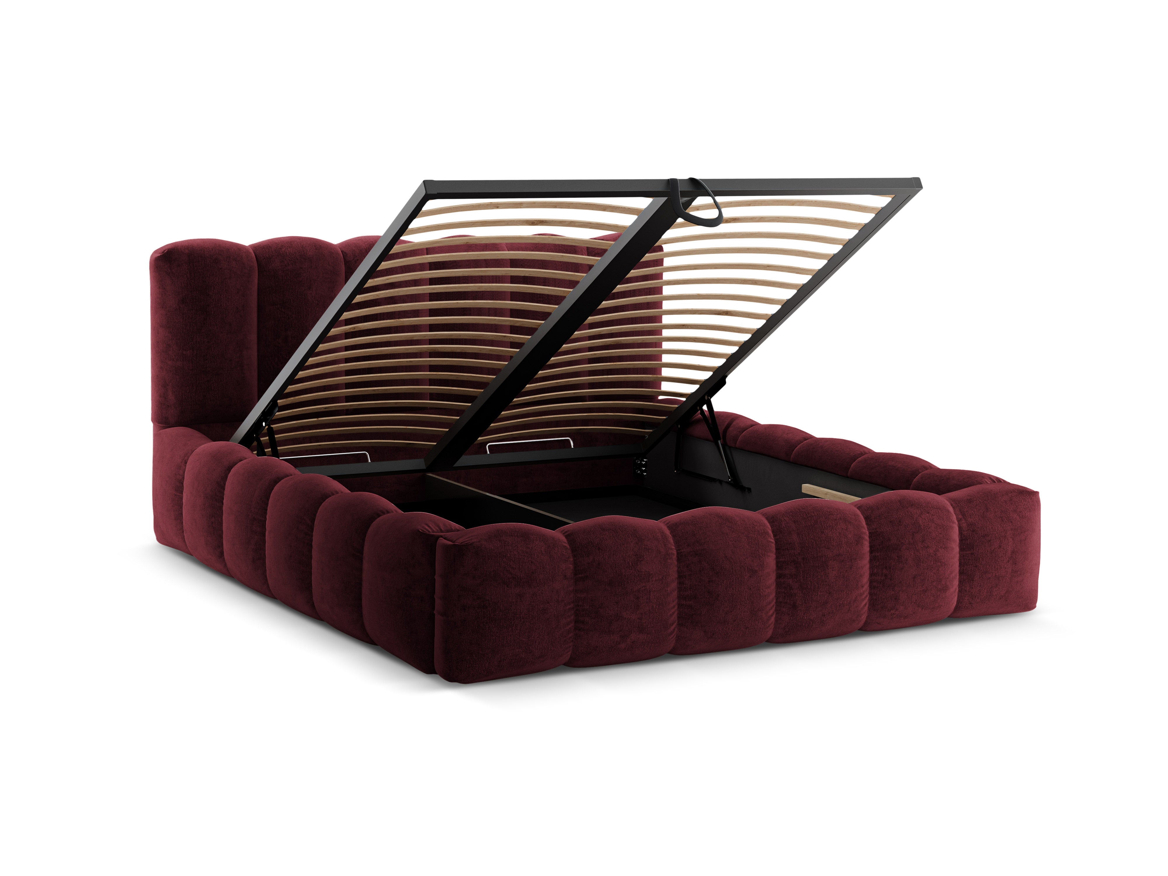 LUPINE bed with storage for bedding in cherry chenille
