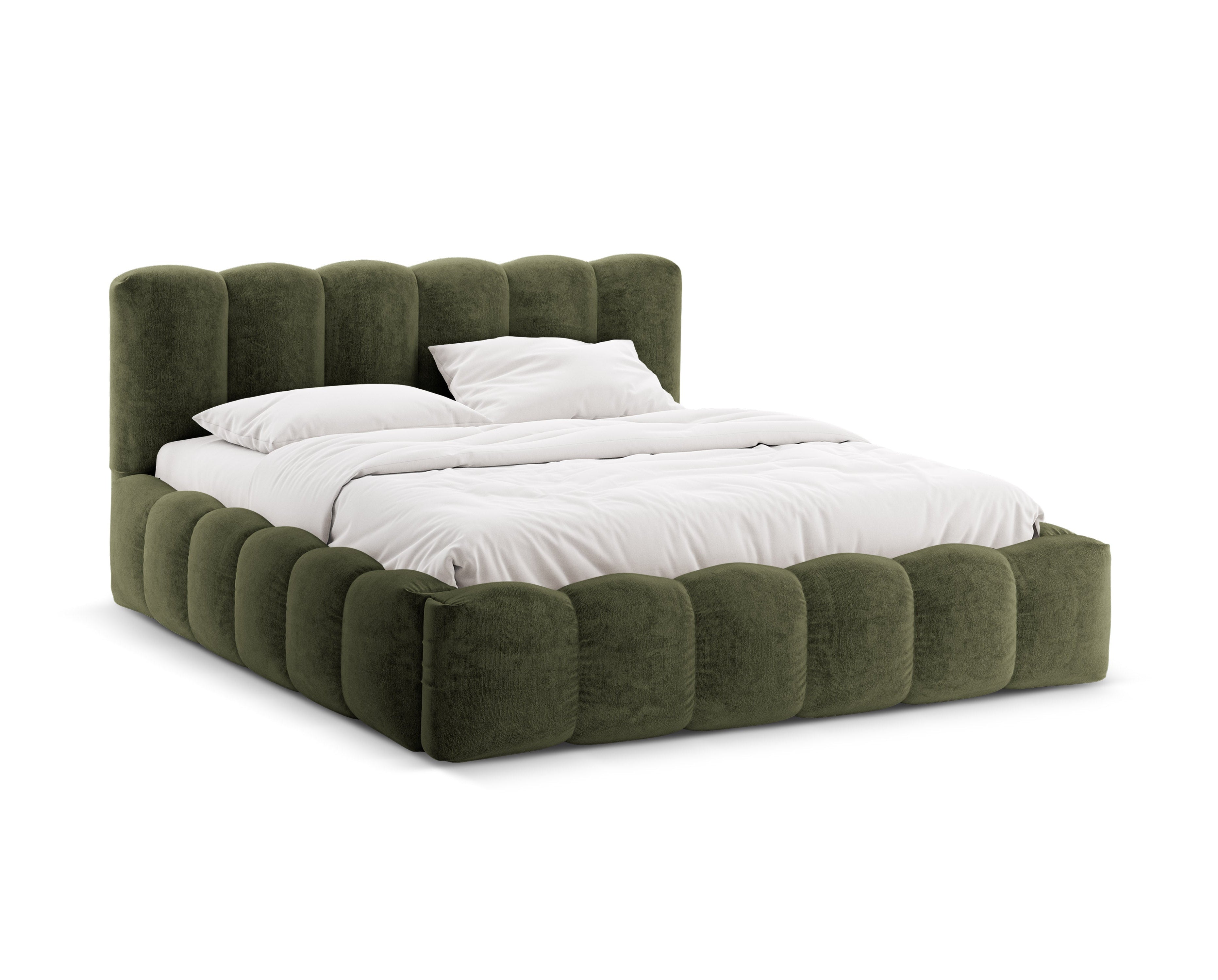 LUPINE bed with storage for bedding in green chenille