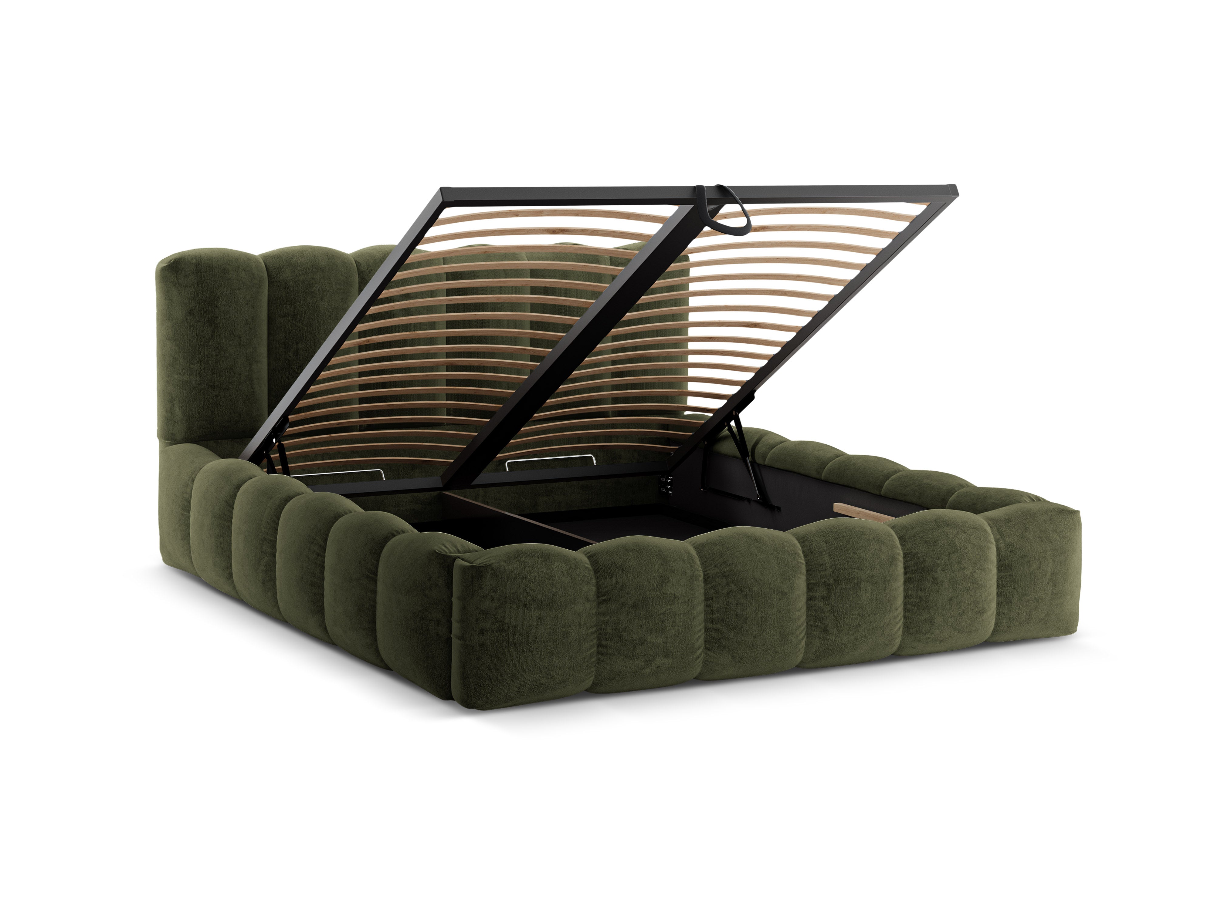 LUPINE bed with storage for bedding in green chenille