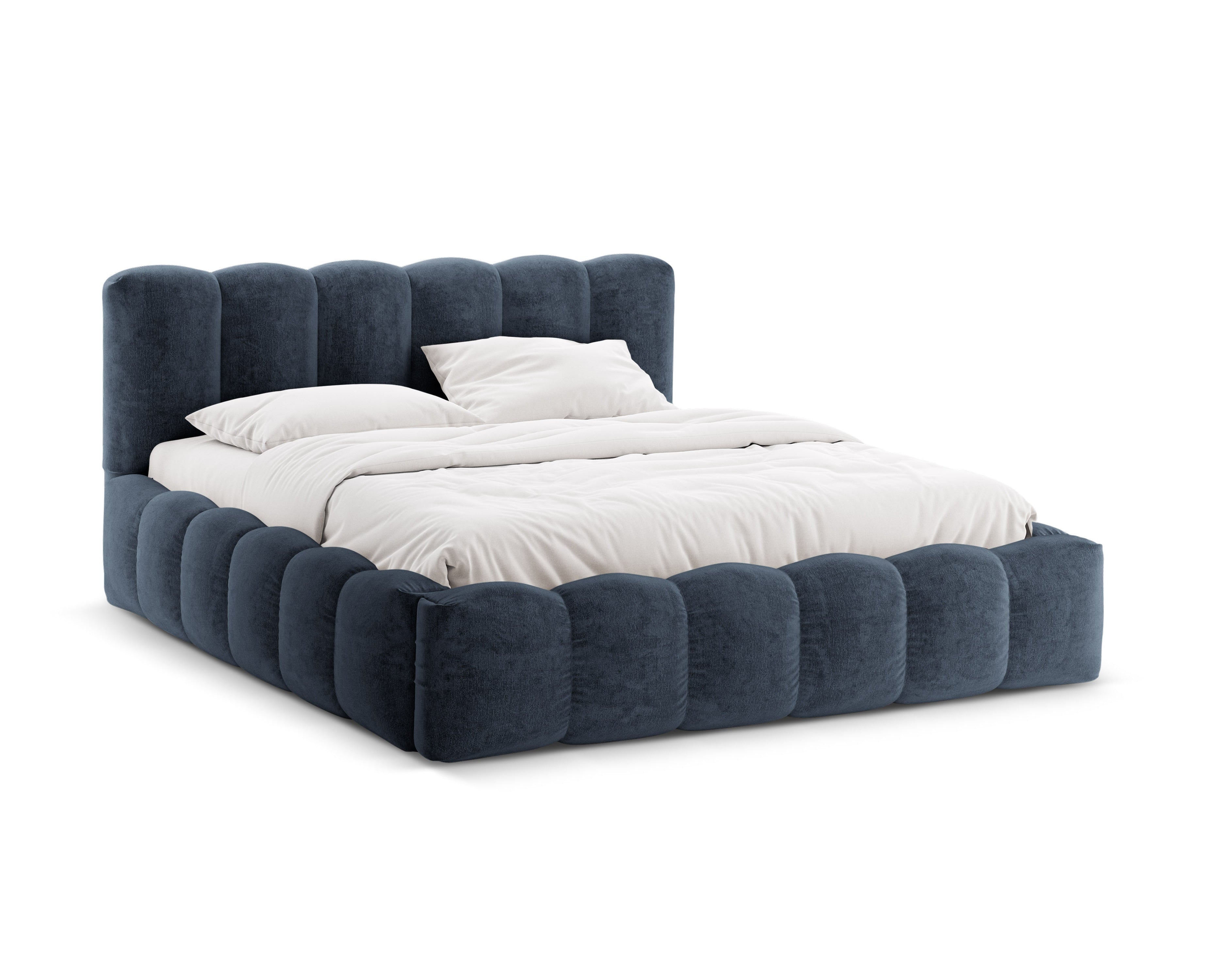 LUPINE bed with storage for bedding in dark blue chenille