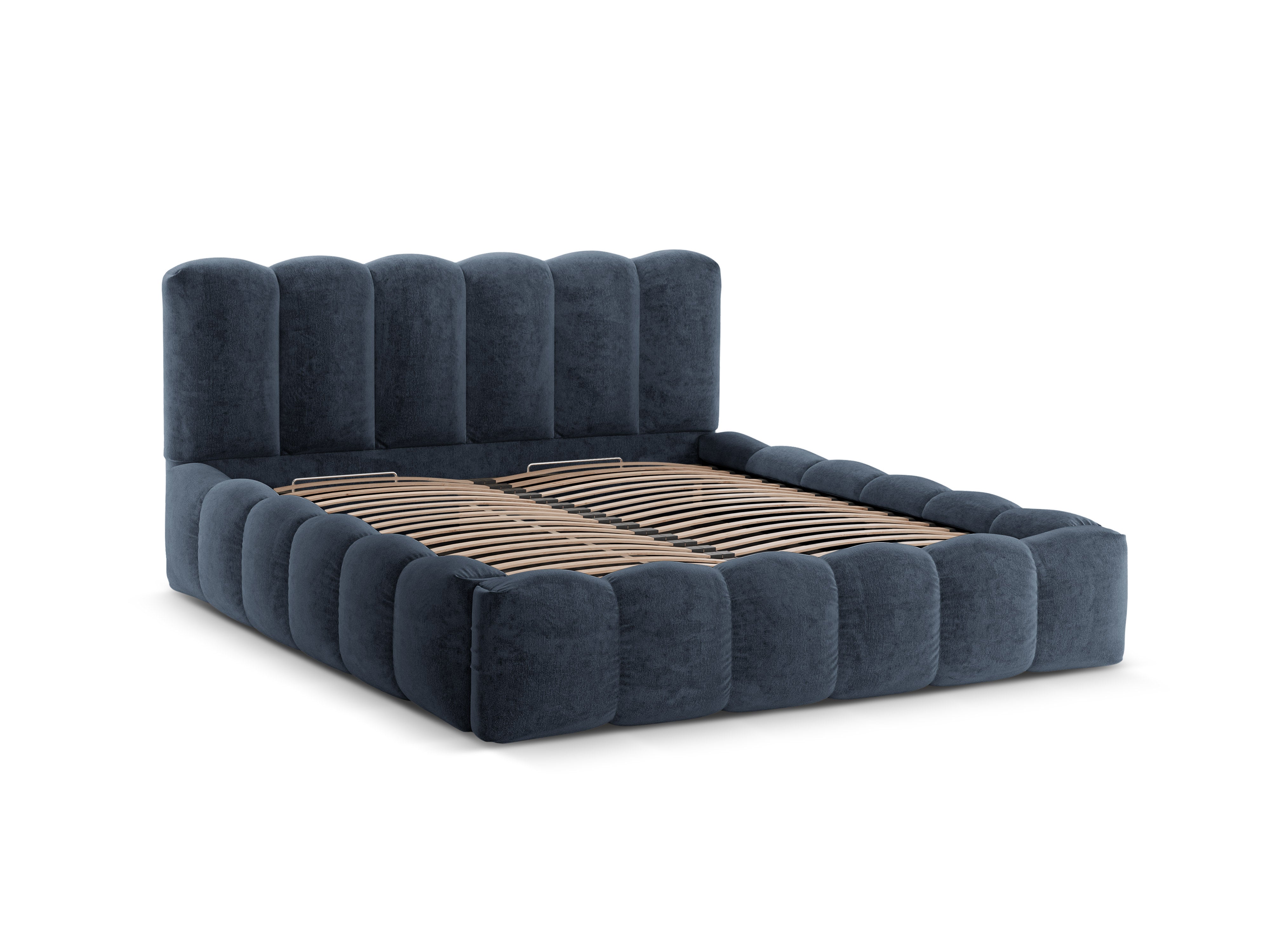 LUPINE bed with storage for bedding in dark blue chenille