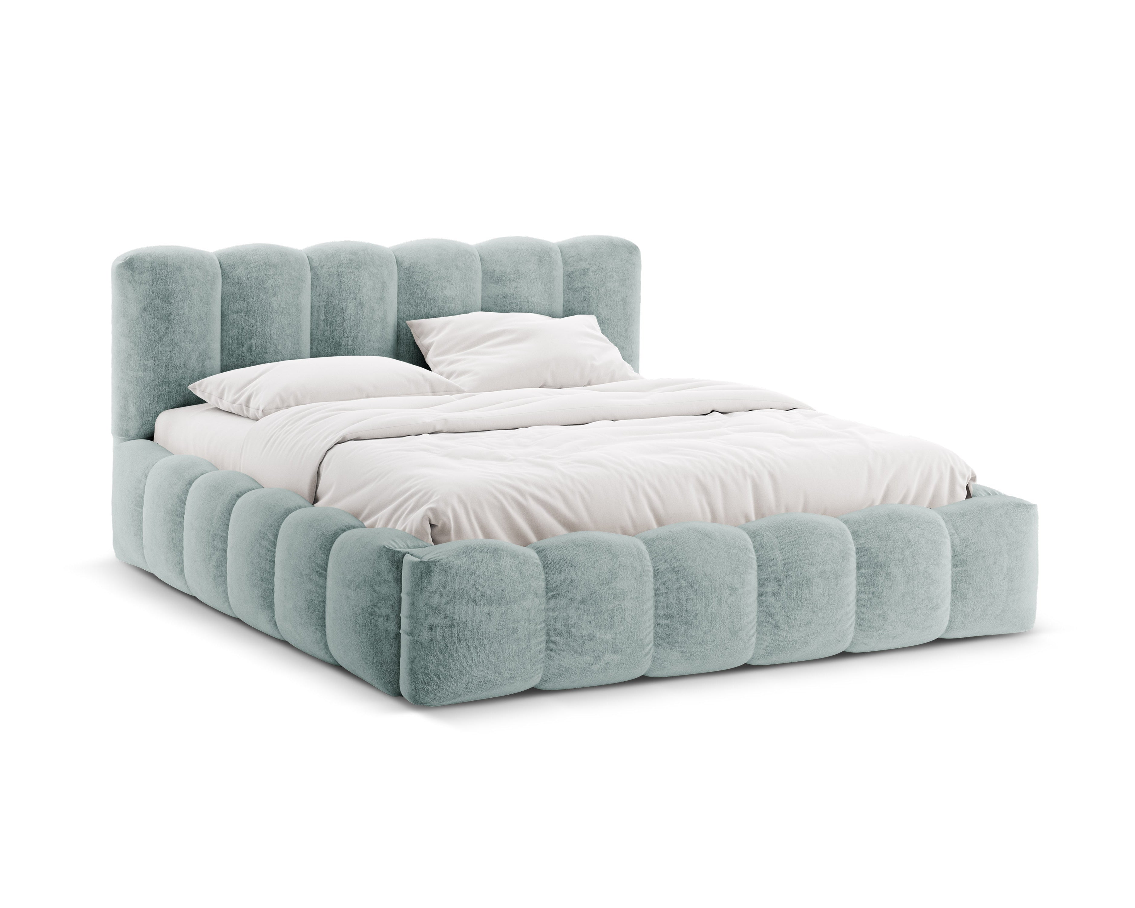 LUPINE bed with storage for bedding in light blue chenille