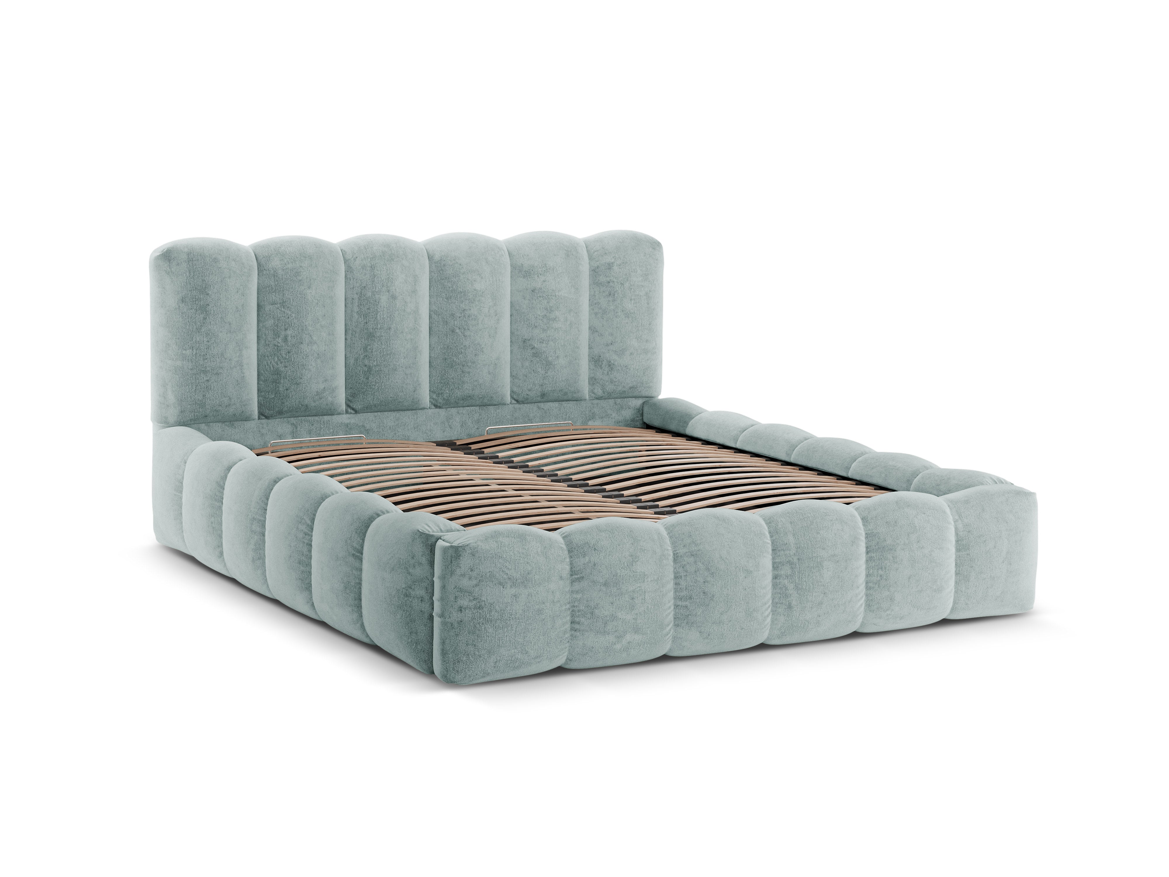 LUPINE bed with storage for bedding in light blue chenille