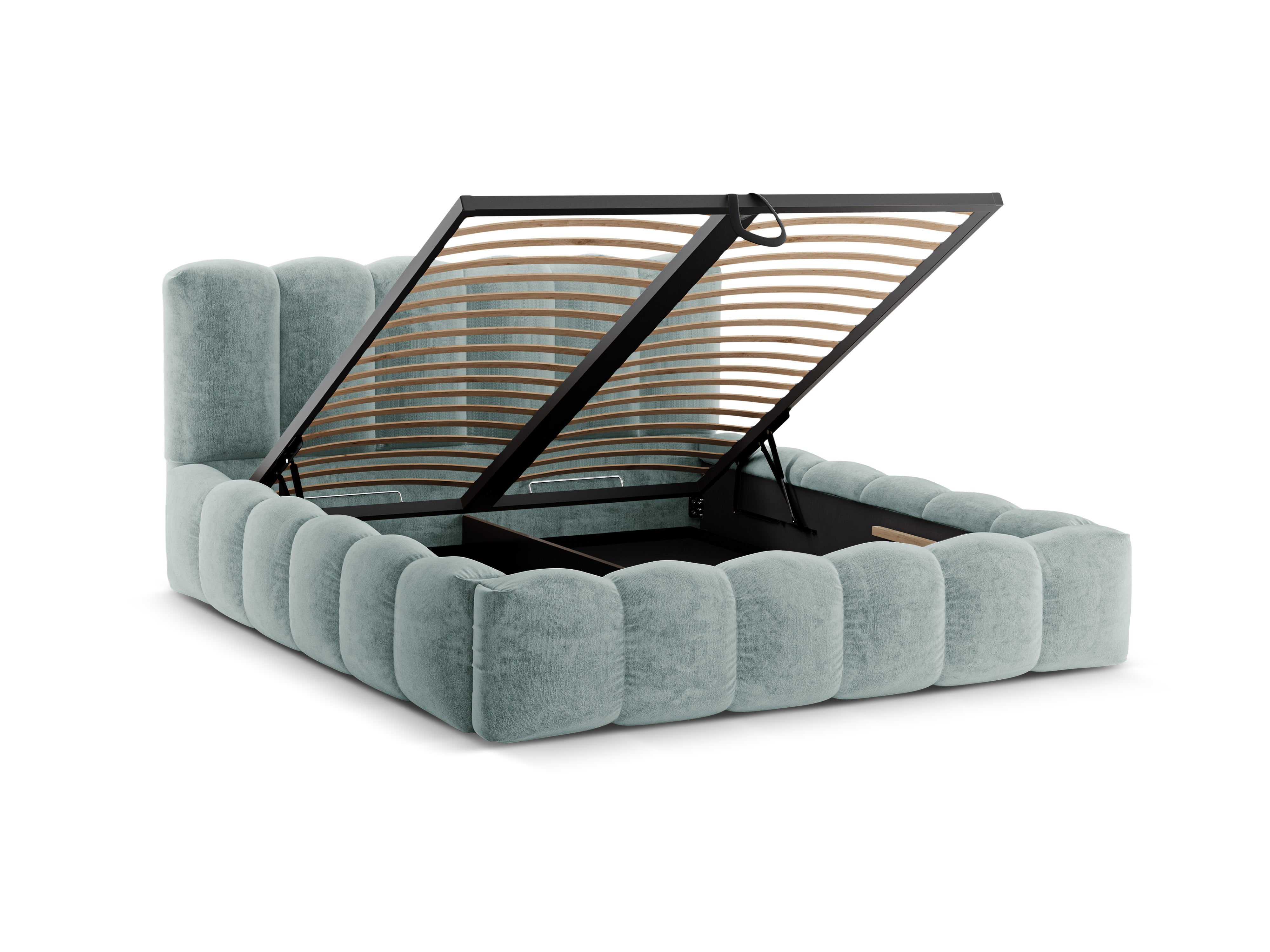 LUPINE bed with storage for bedding in light blue chenille