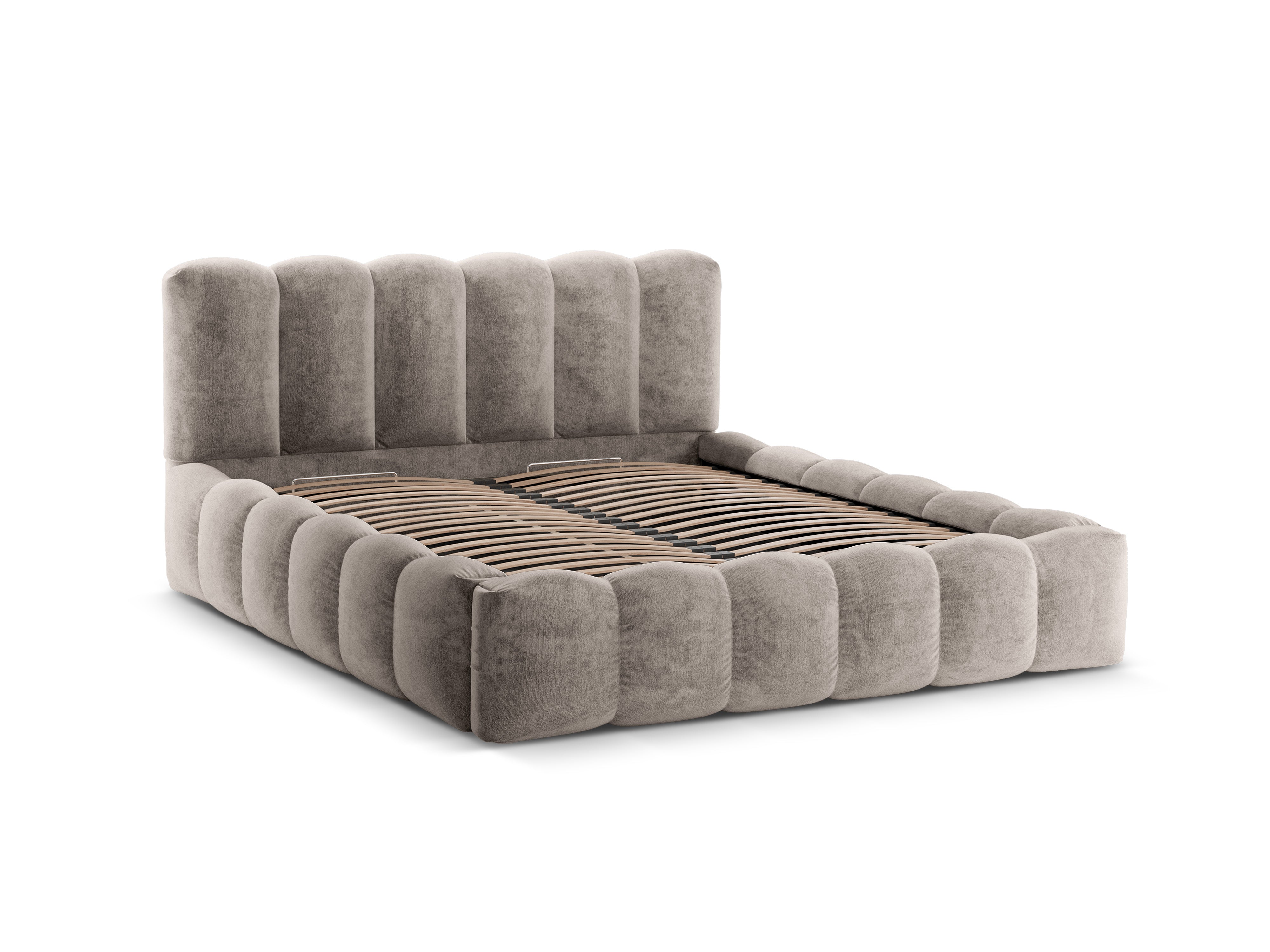 LUPINE bed with storage for bedding in dark cappuccino iridescent chenille