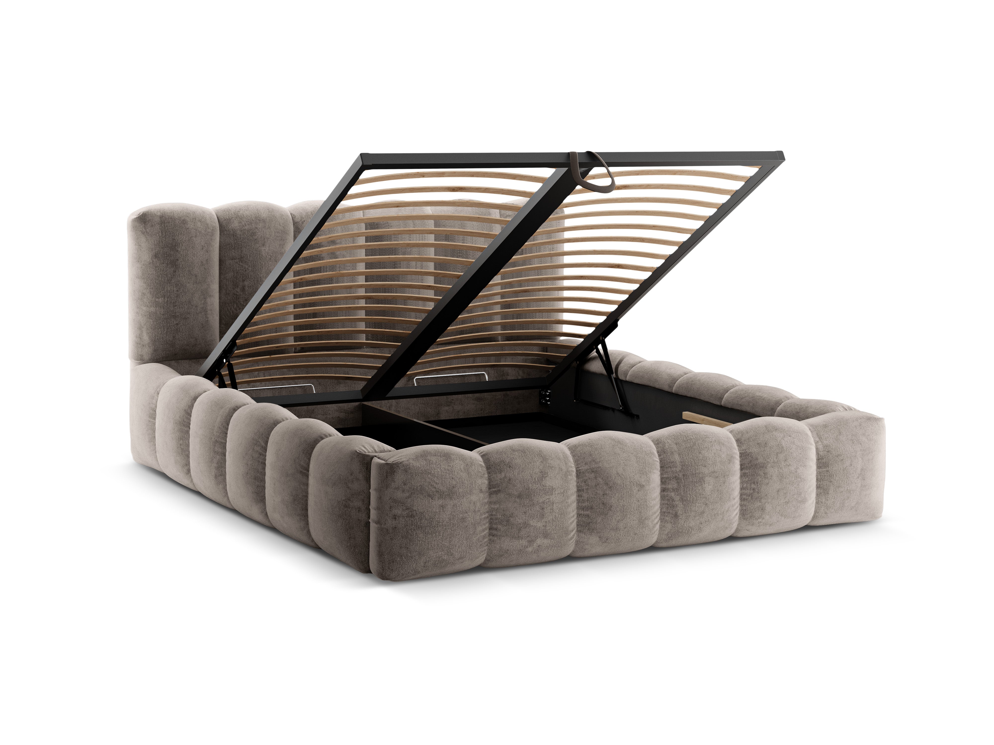 LUPINE bed with storage for bedding in dark cappuccino iridescent chenille