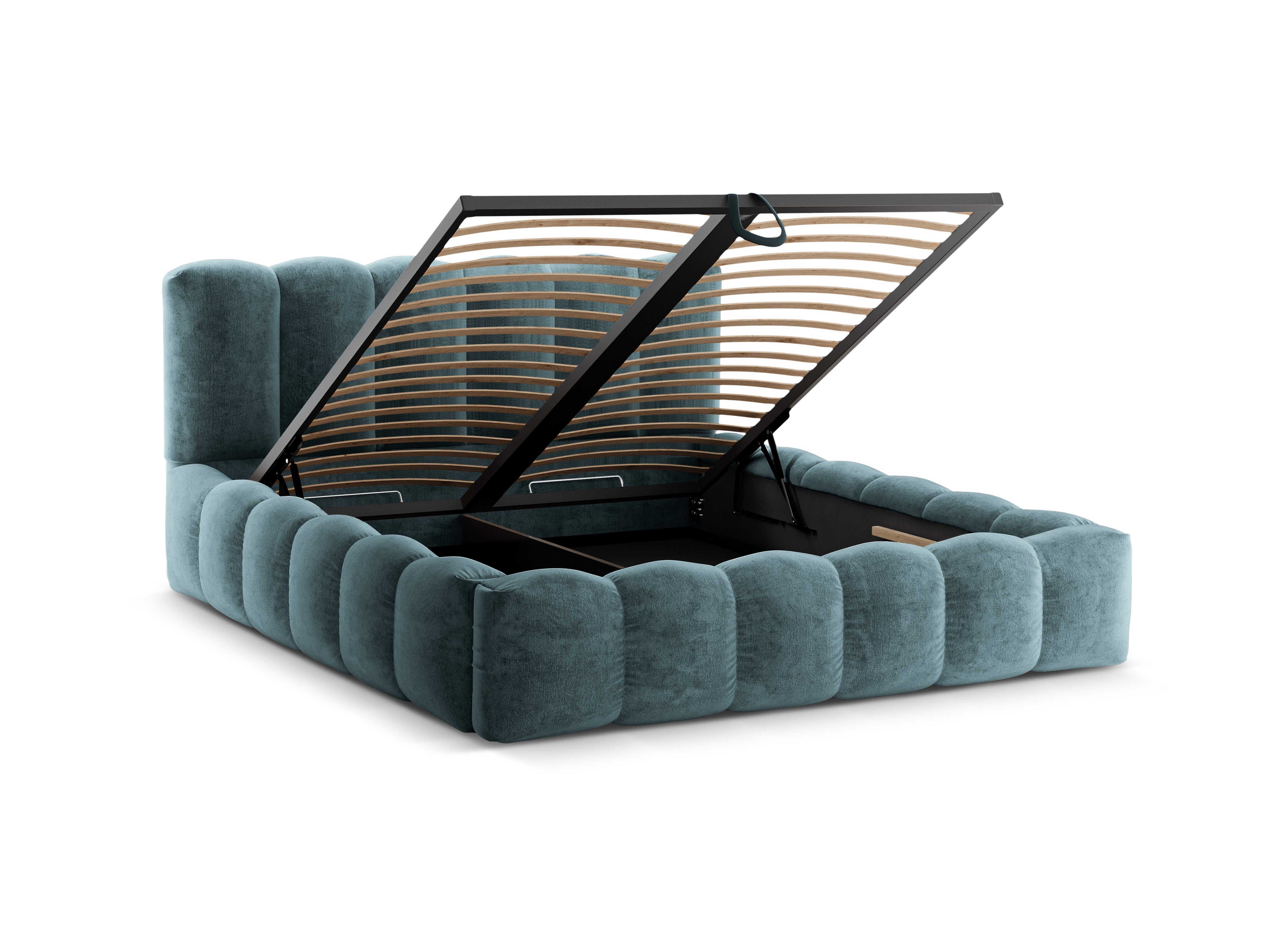 LUPINE bed with storage for bedding in denim blue iridescent chenille