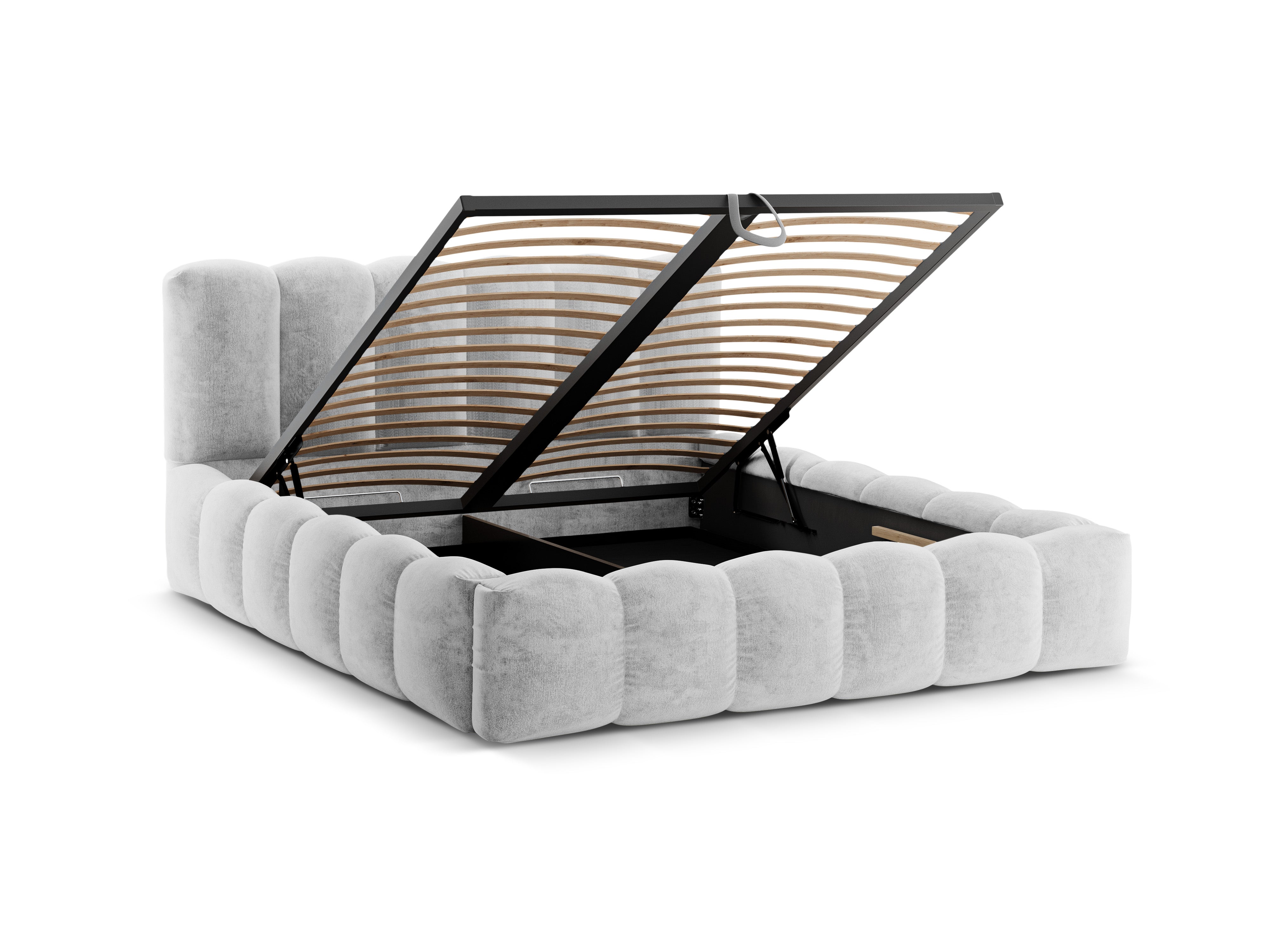 LUPINE bed with storage for bedding in silver iridescent chenille