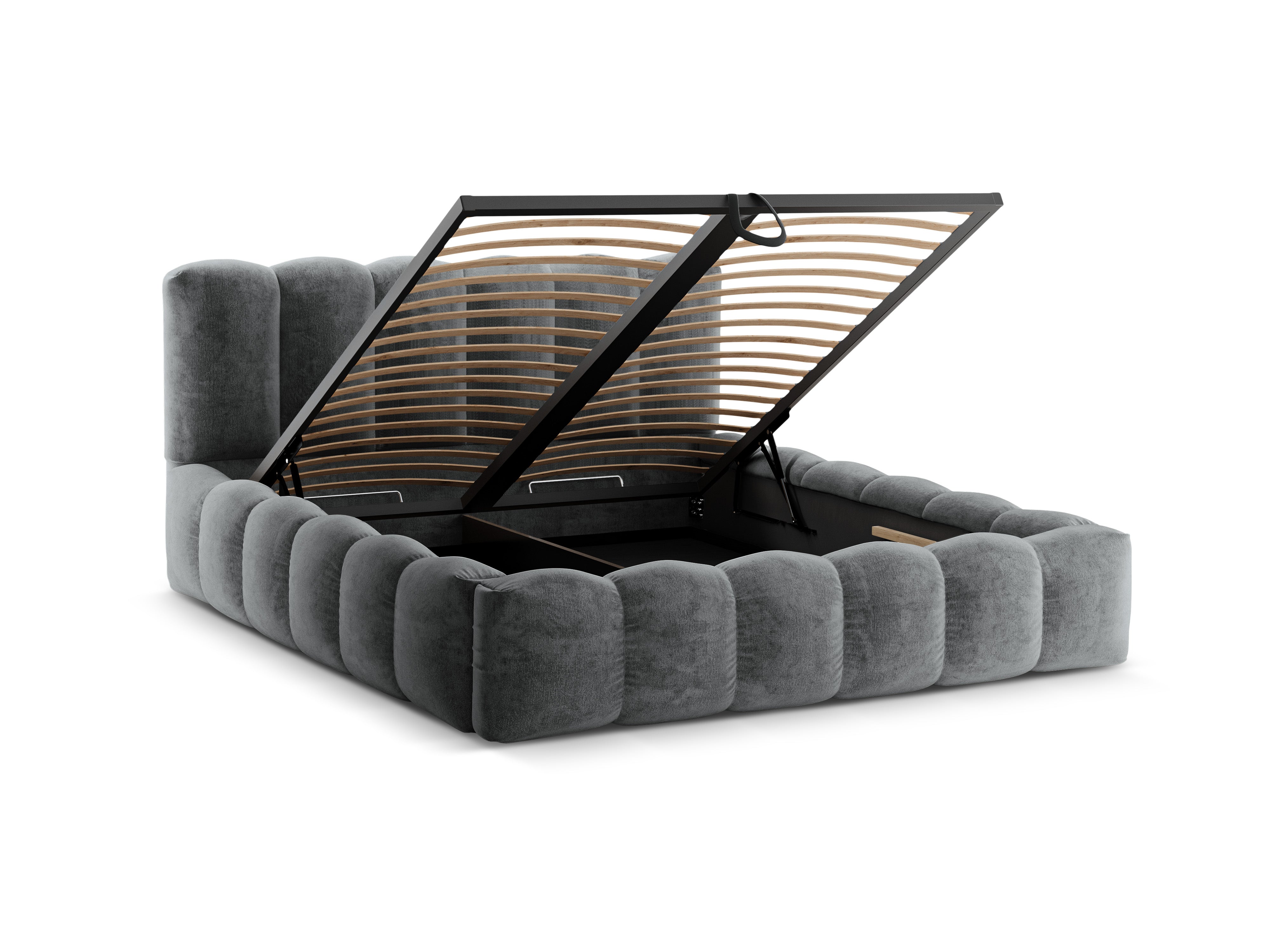 LUPINE bed with storage for bedding in platinum iridescent chenille