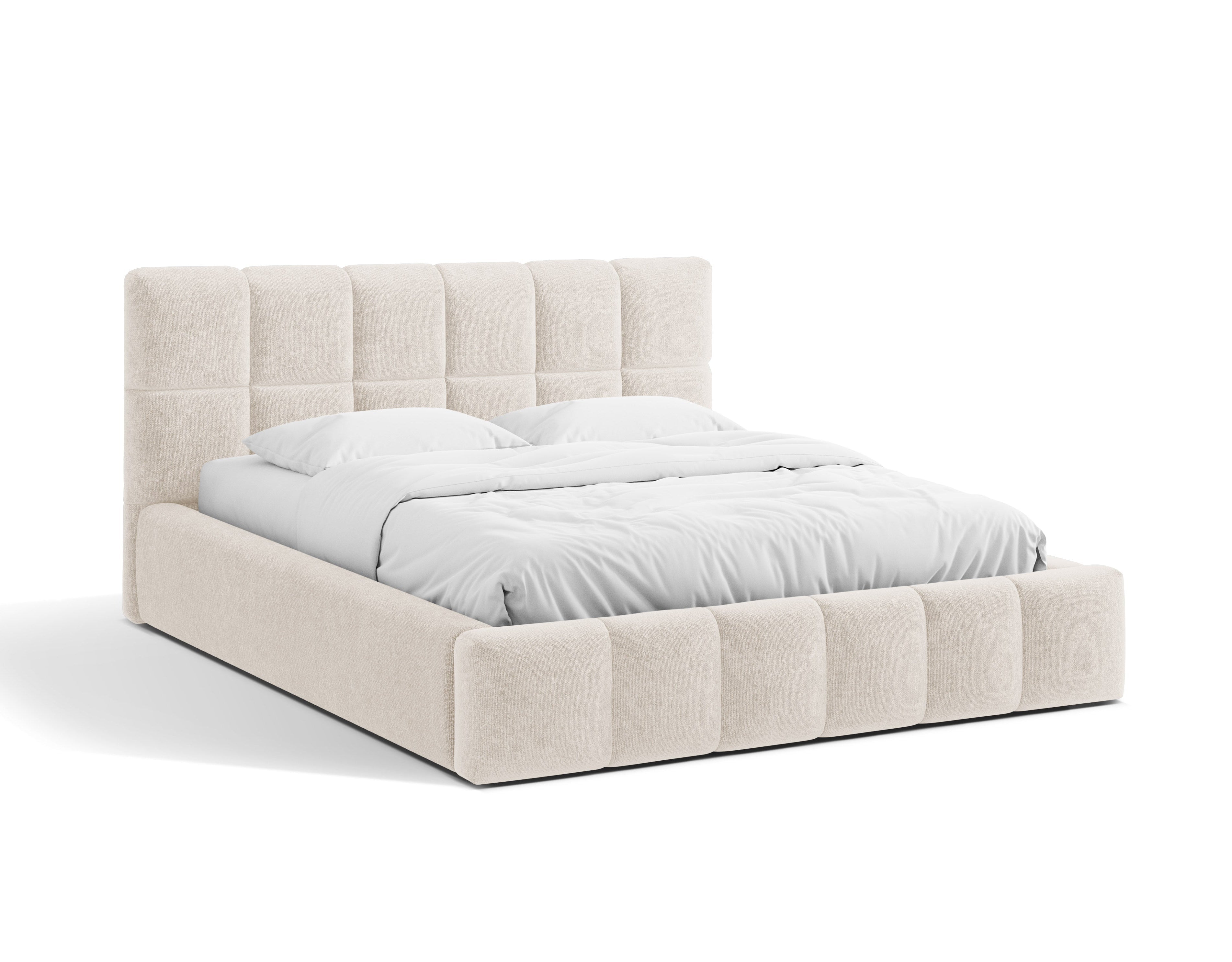 BELLIS bed with storage for bedding in light beige chenille