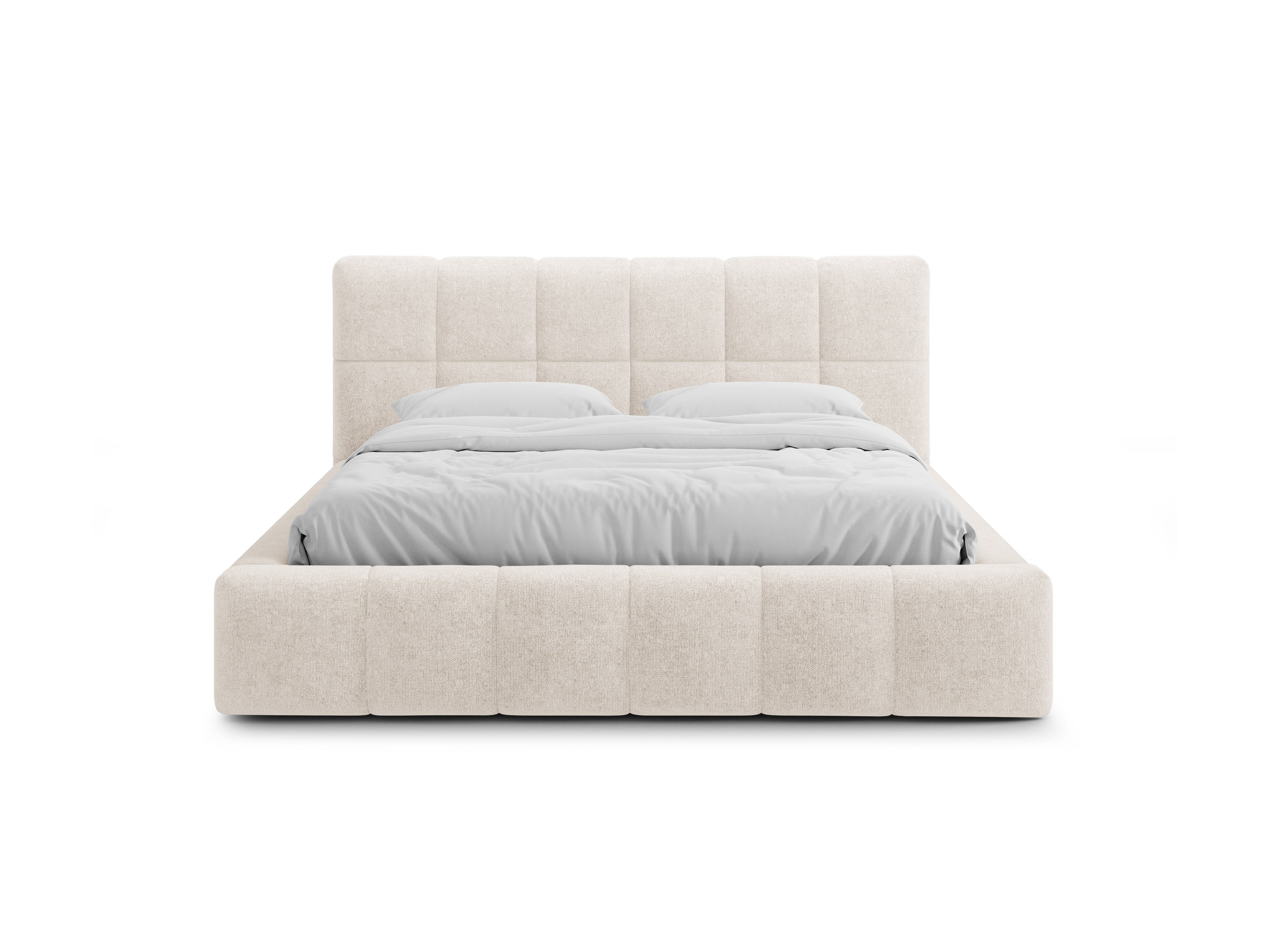 BELLIS bed with storage for bedding in light beige chenille