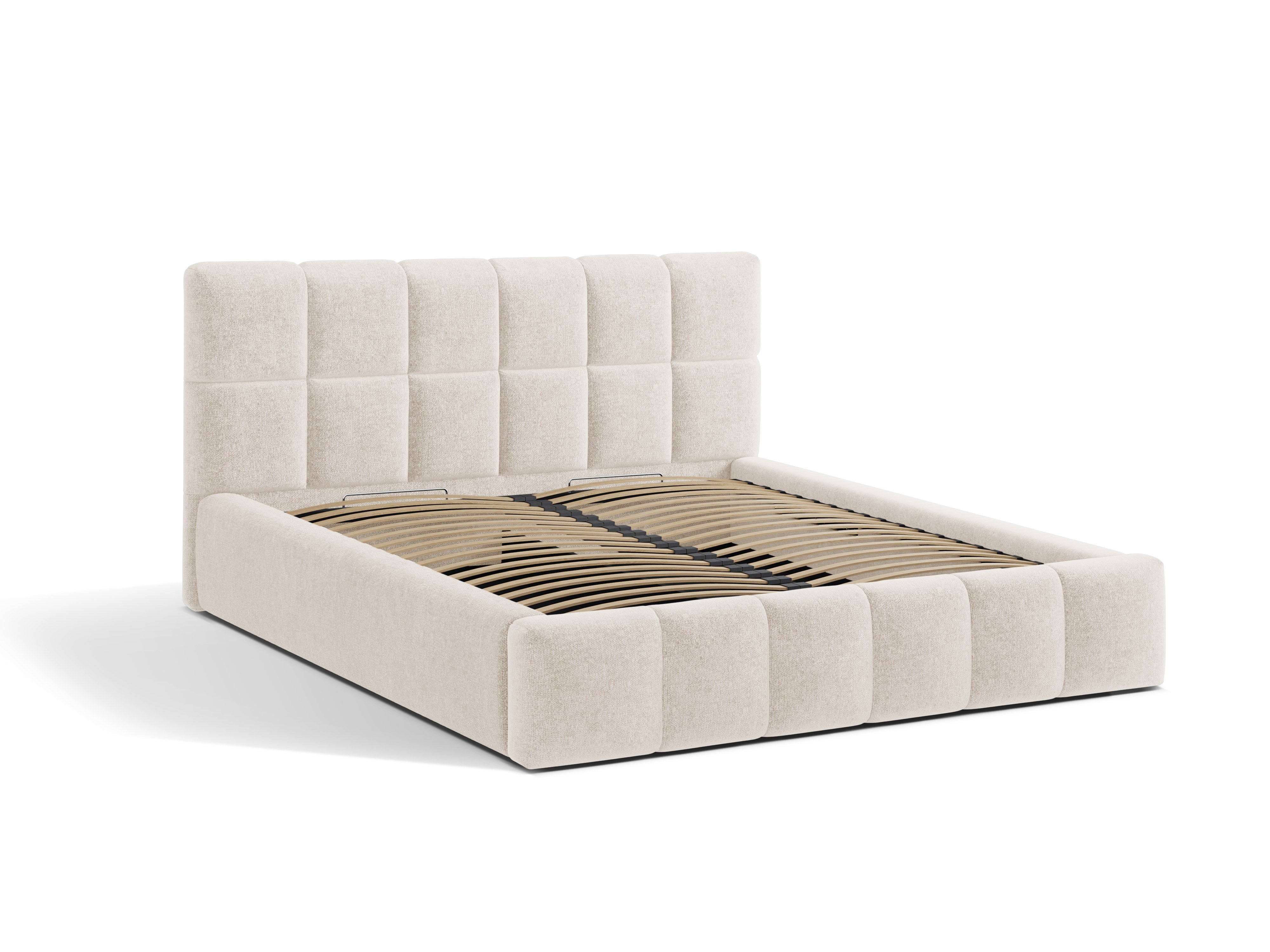 BELLIS bed with storage for bedding in light beige chenille