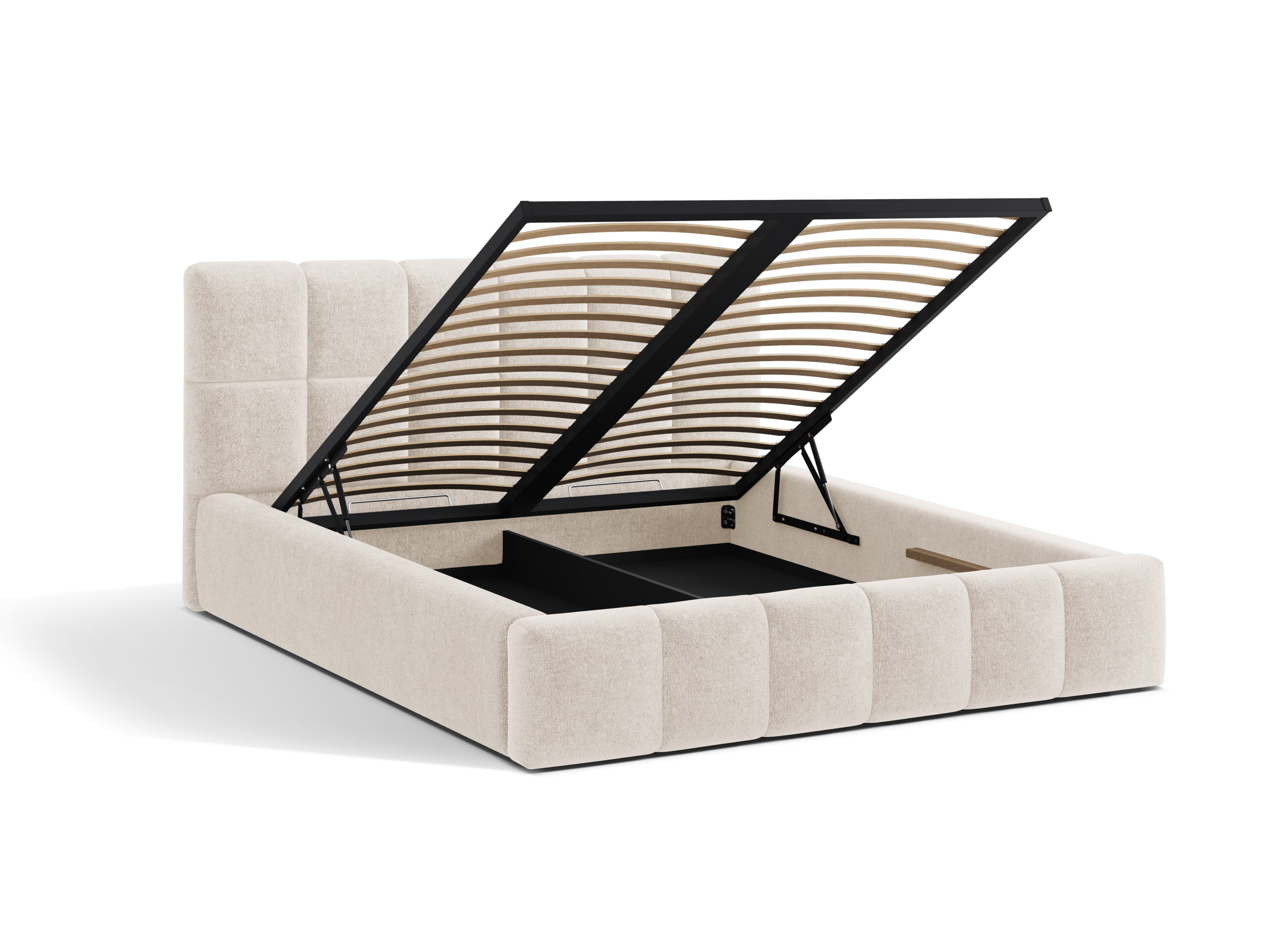 BELLIS bed with storage for bedding in light beige chenille