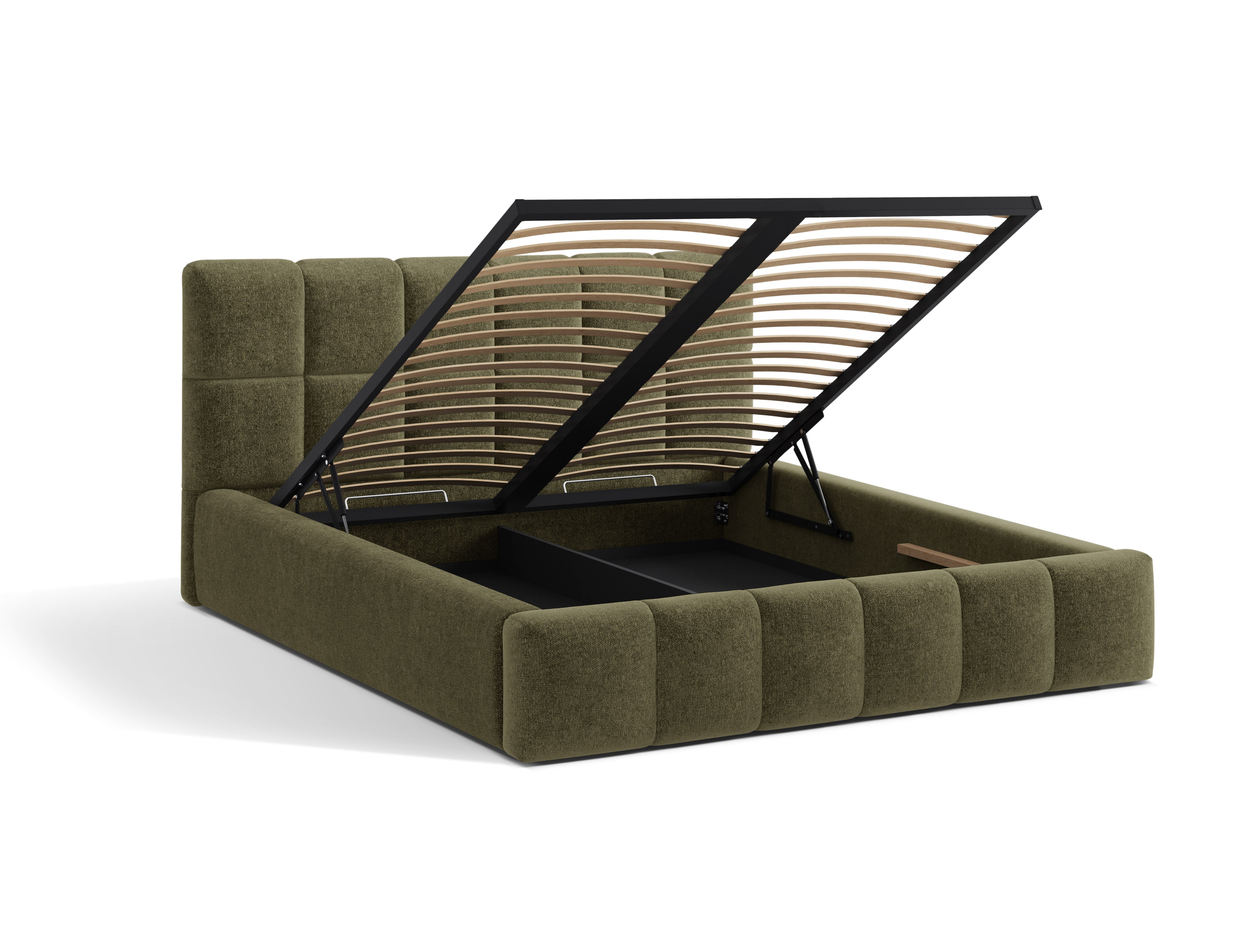 BELLIS Bed with Storage for Bedding in Green Chenille