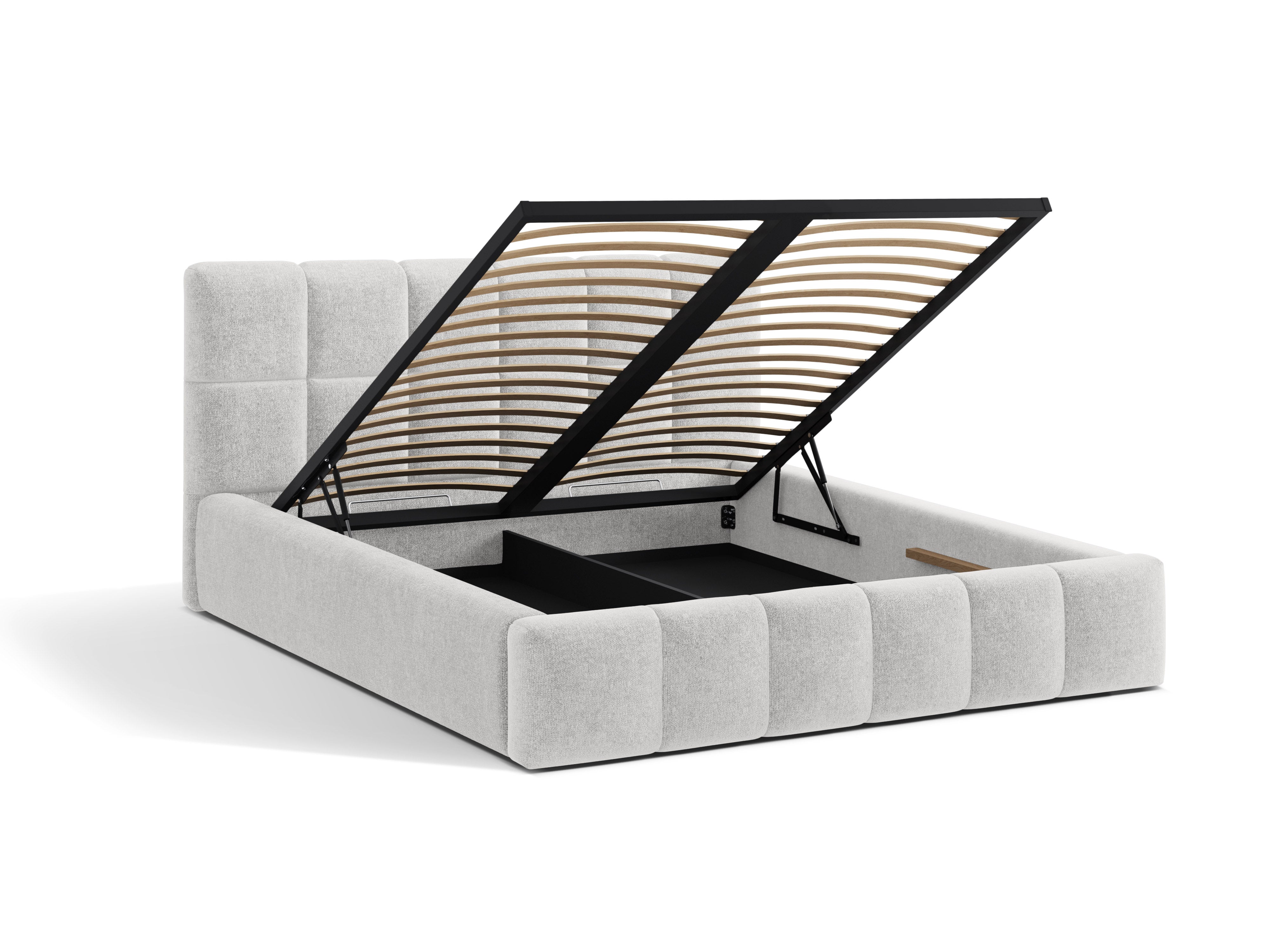 BELLIS Bed with Storage for Bedding in Silver Chenille
