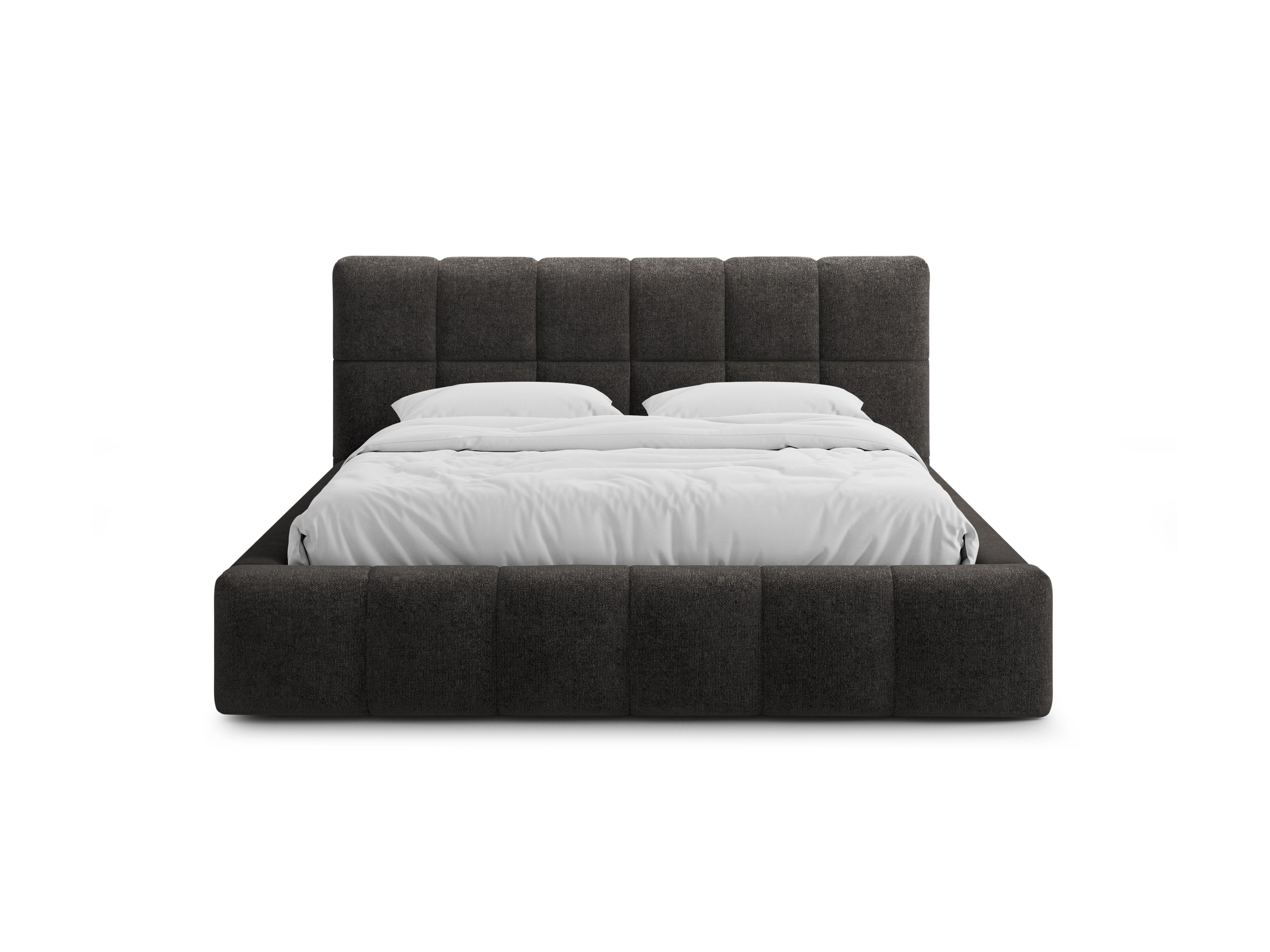 BELLIS bed with storage for bedding in anthracite chenille