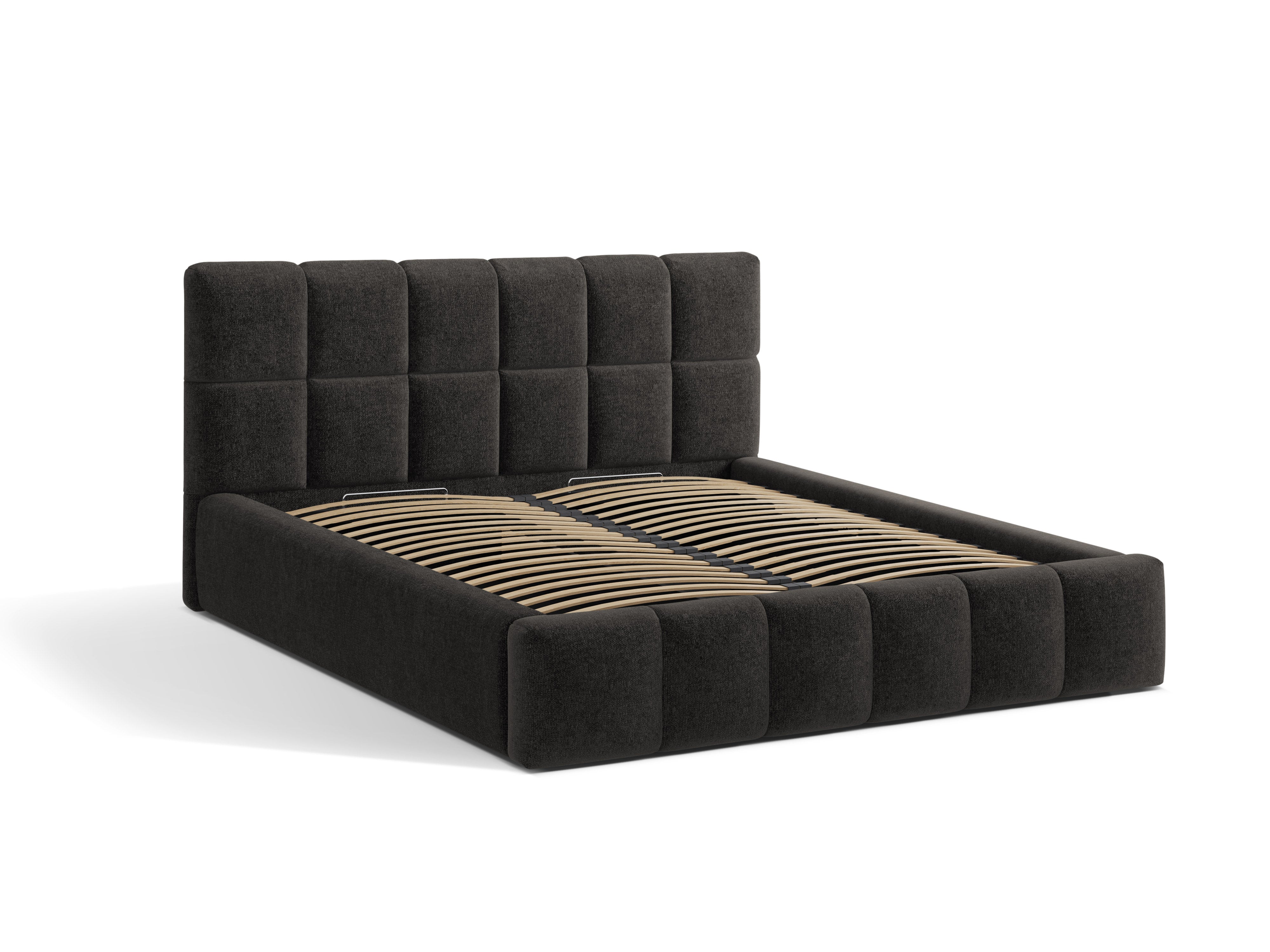 BELLIS bed with storage for bedding in anthracite chenille