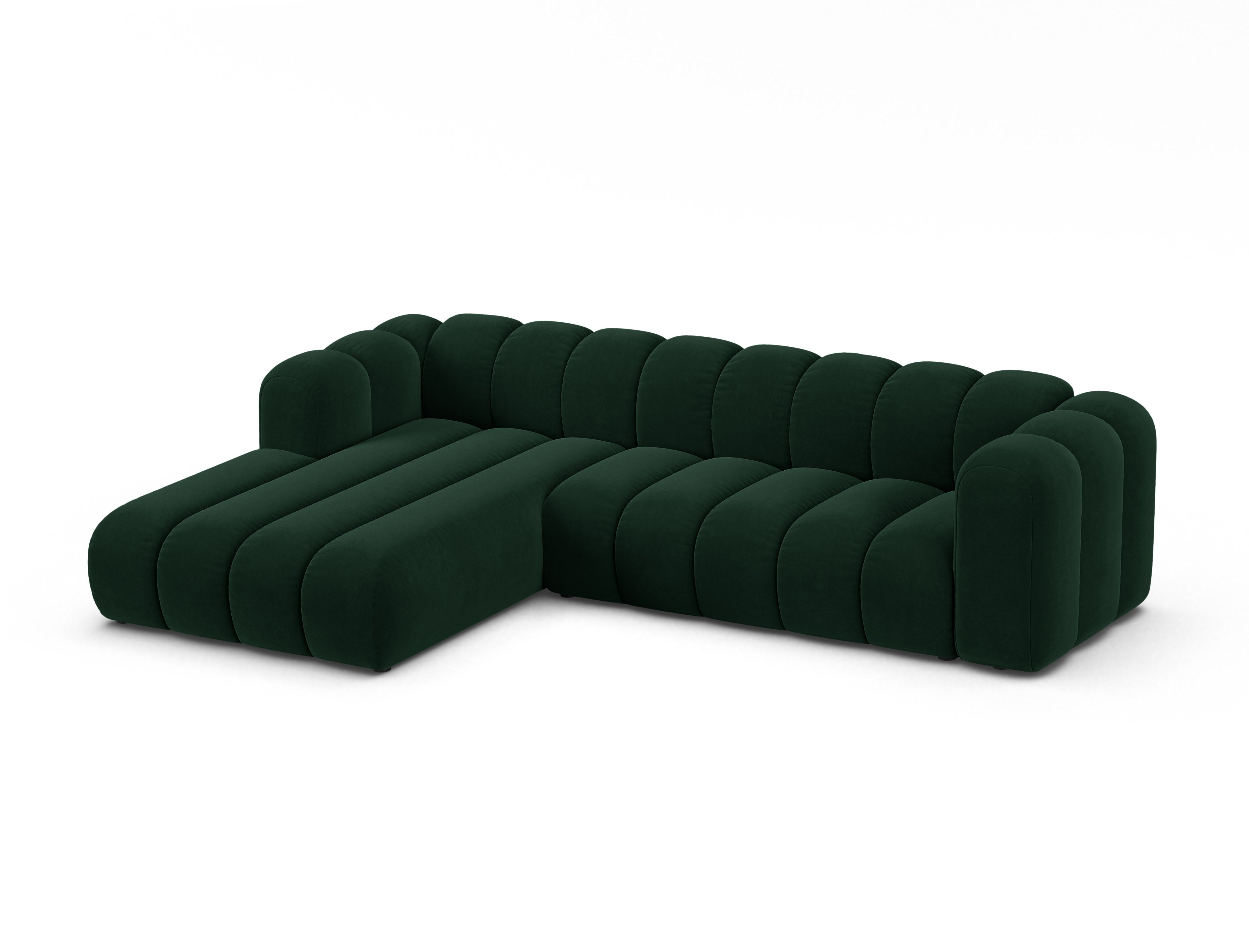 Narożnik aksamitny 4-osobowy lewostronny LUPINE butelkowy zielony – sofa narożna