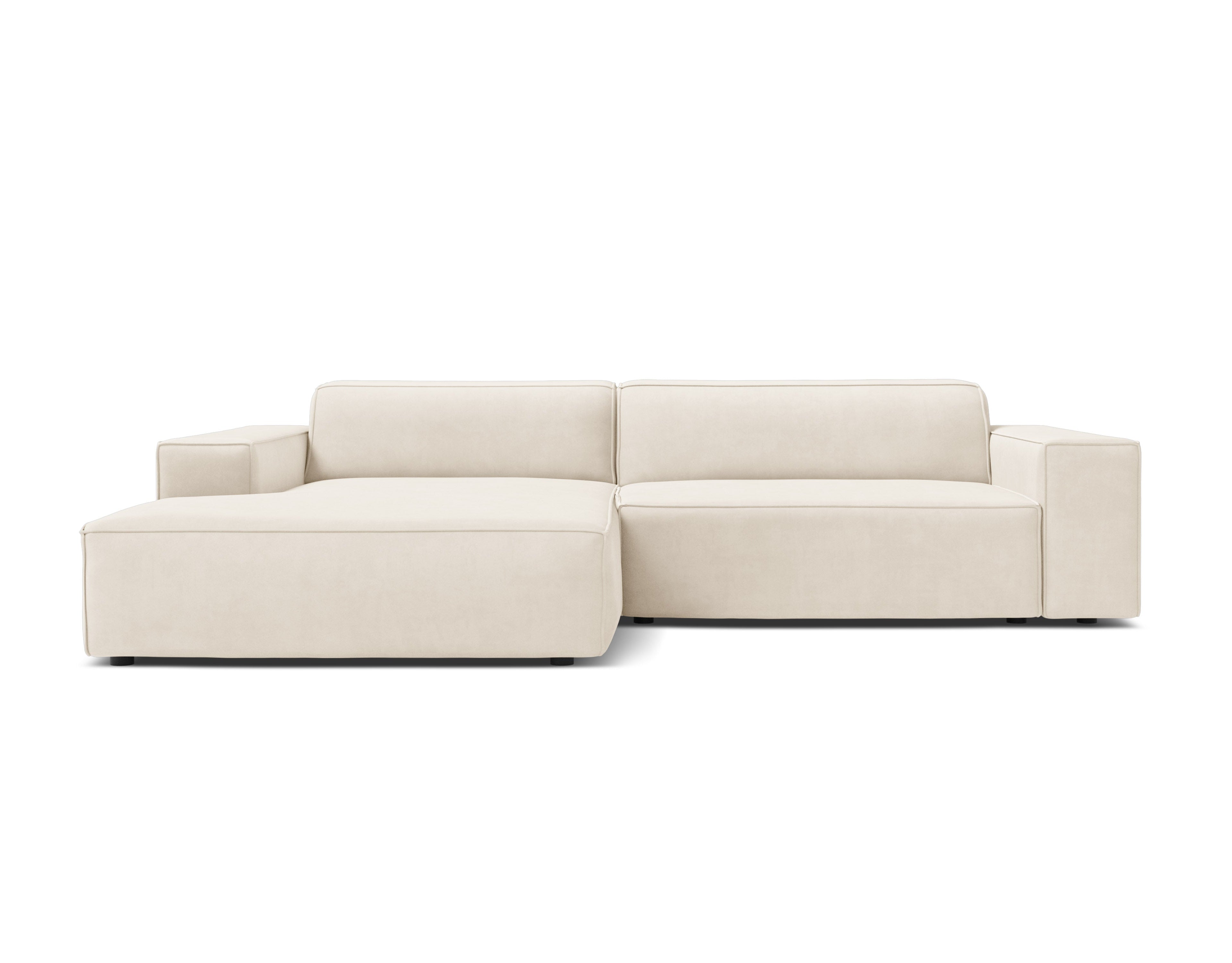 Left-facing velvet corner sofa JODIE in light beige, seating three.