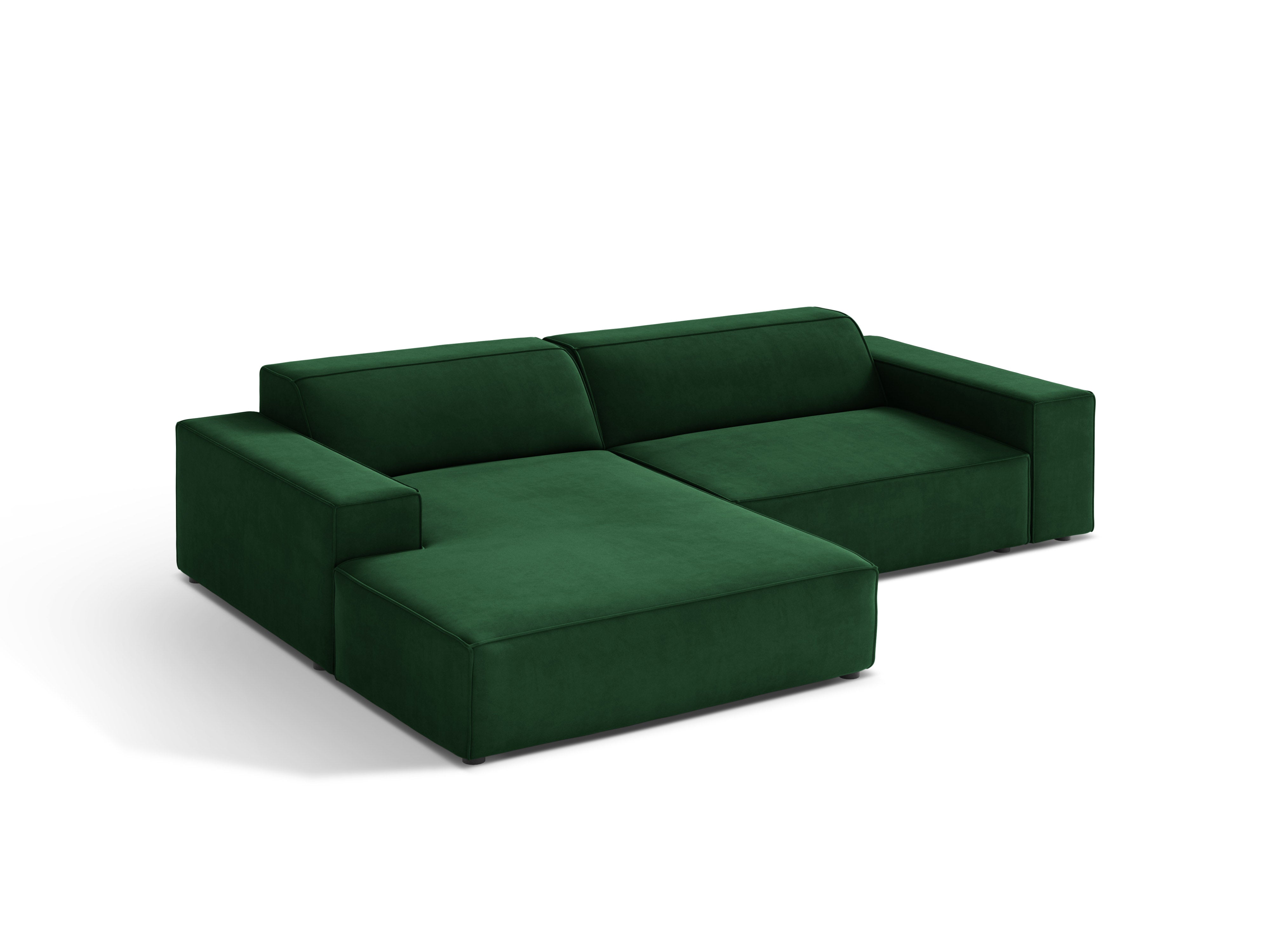 Left-facing velvet corner sofa JODIE in bottle green, seating three.