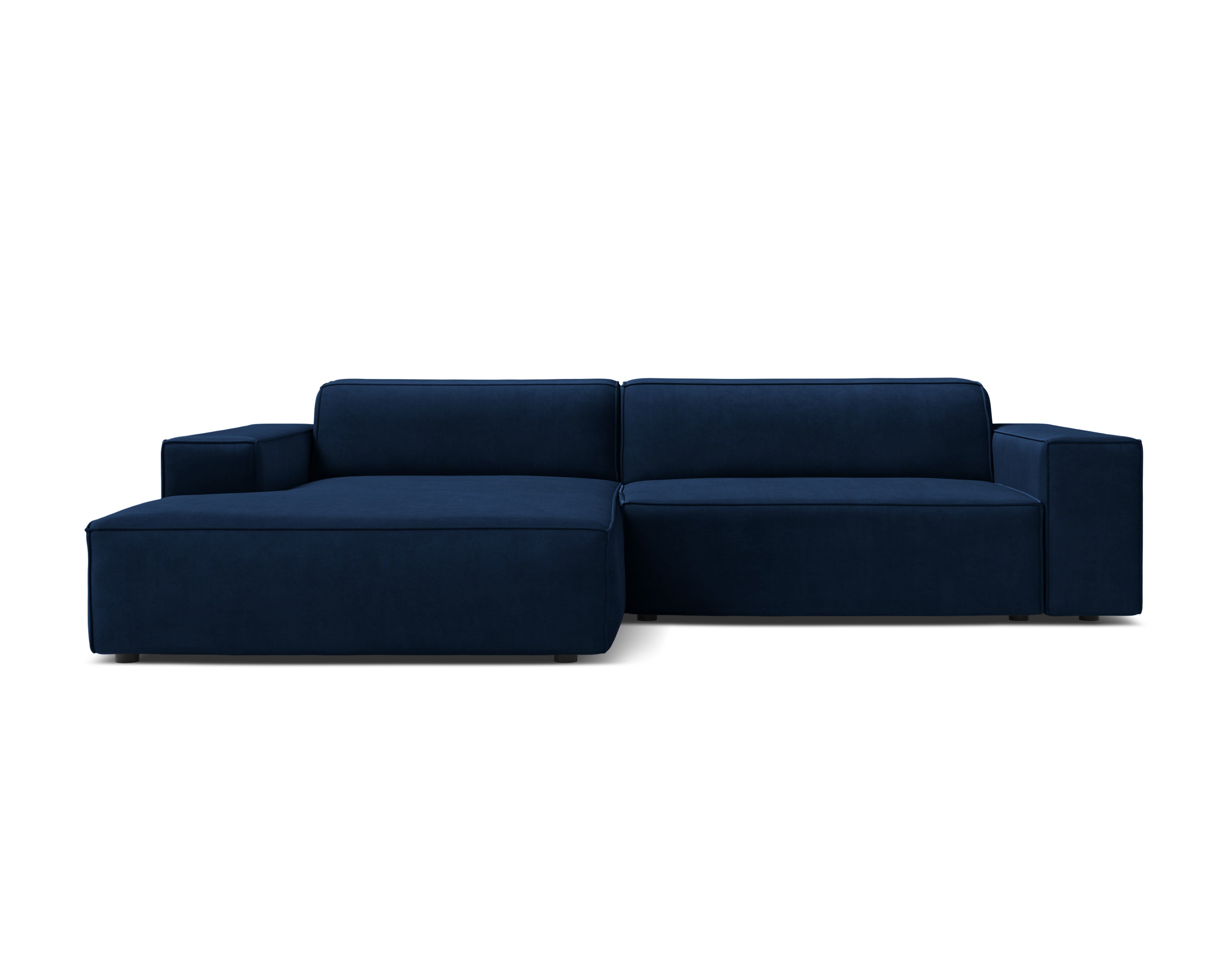 Left-facing velvet corner sofa for three people, JODIE in royal blue.