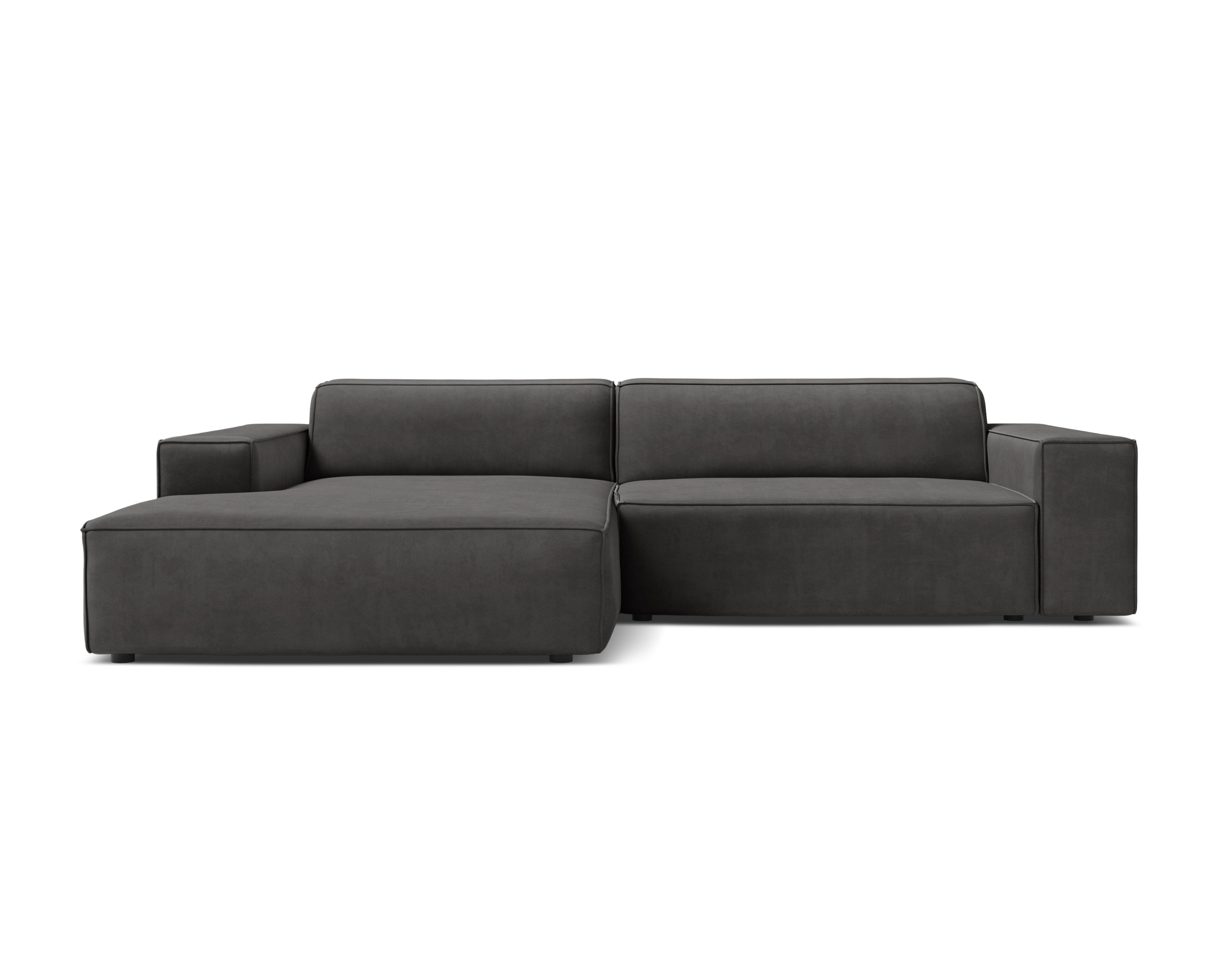 Left-facing velvet corner sofa JODIE in dark gray, seating three.