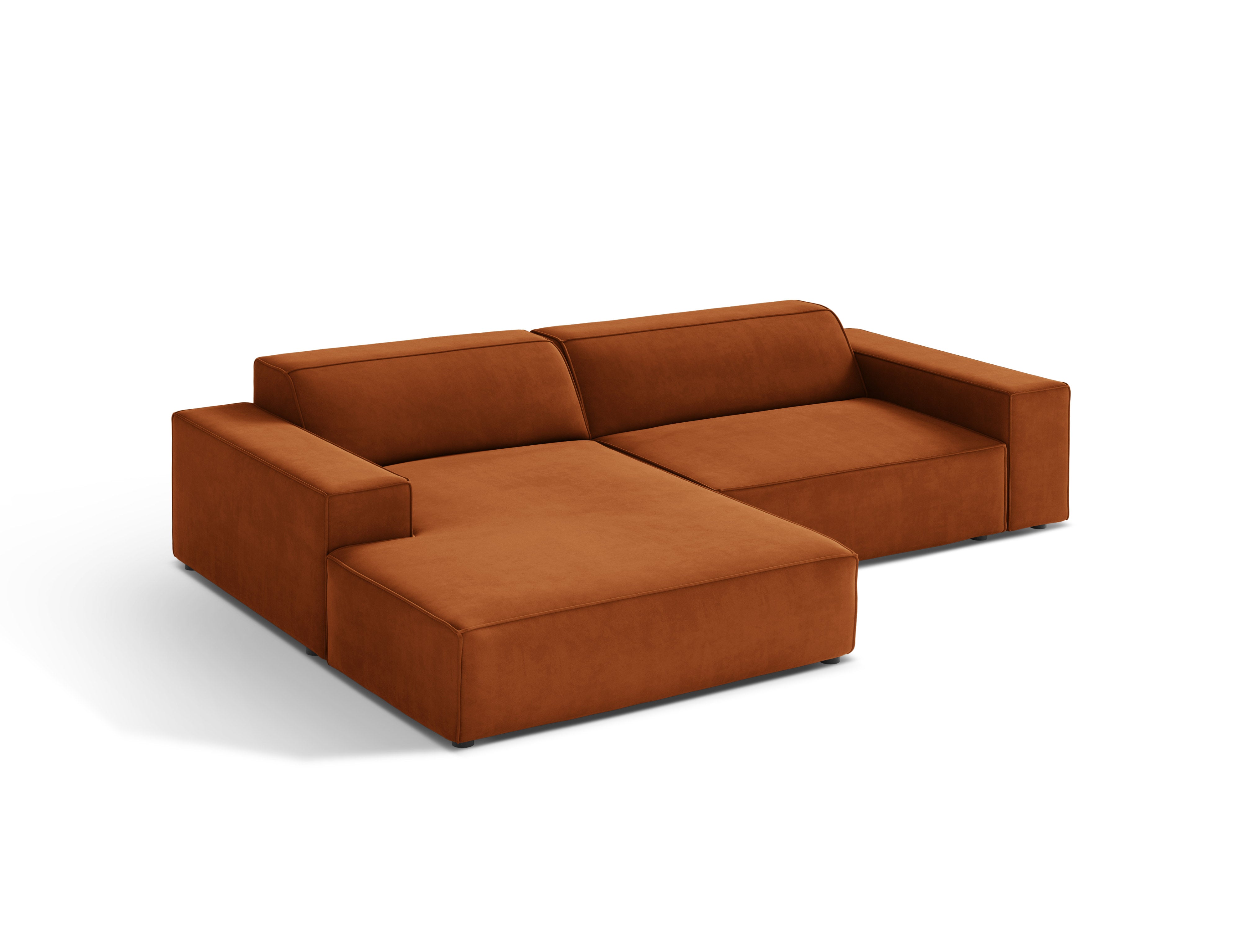 Left-facing velvet corner sofa JODIE in brick red, seating for three.