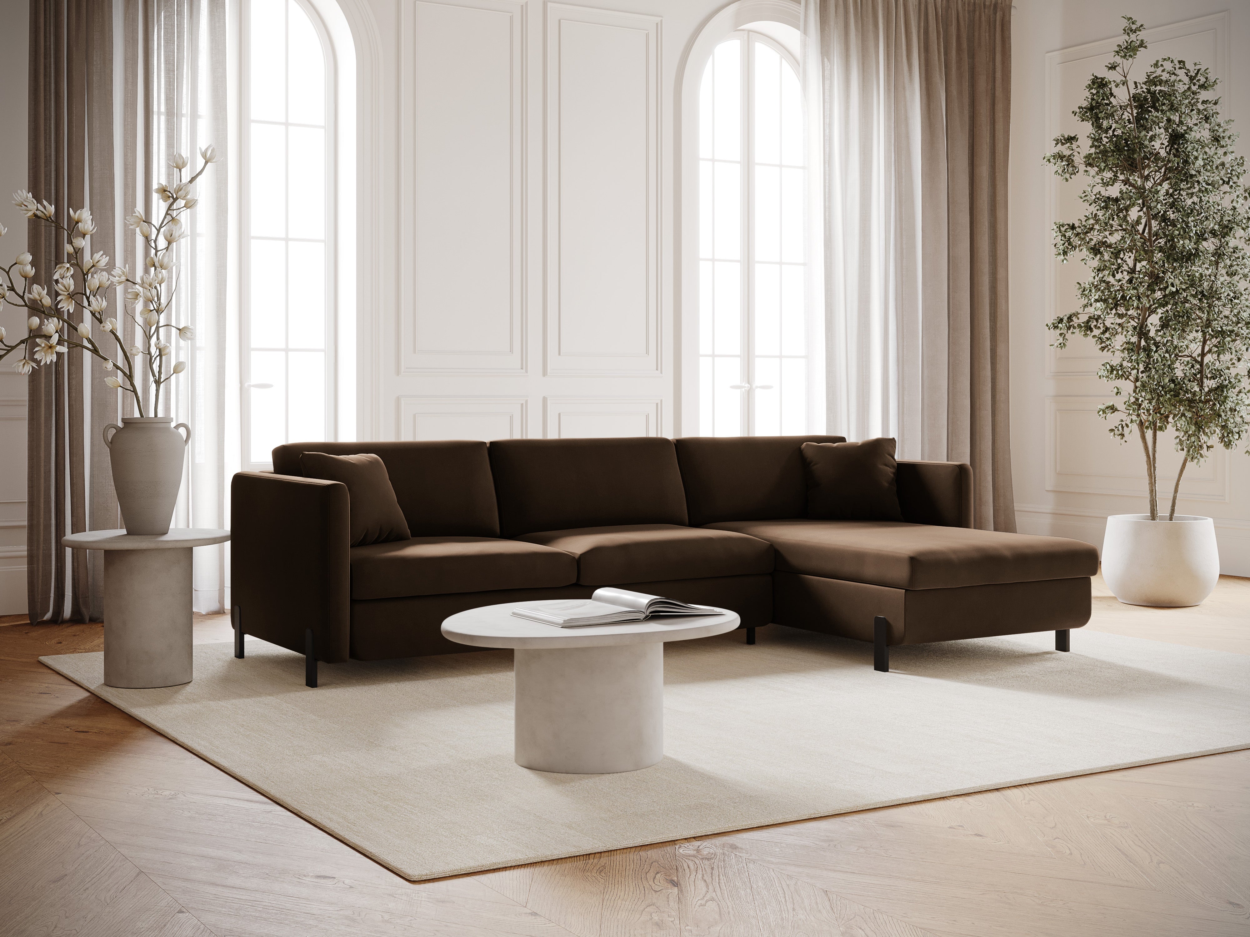 Samtrechte Ecksofa mit Bettfunktion, "Gloria", 5 Sitze, Schokolade, 280x170x80
In Europa gemacht