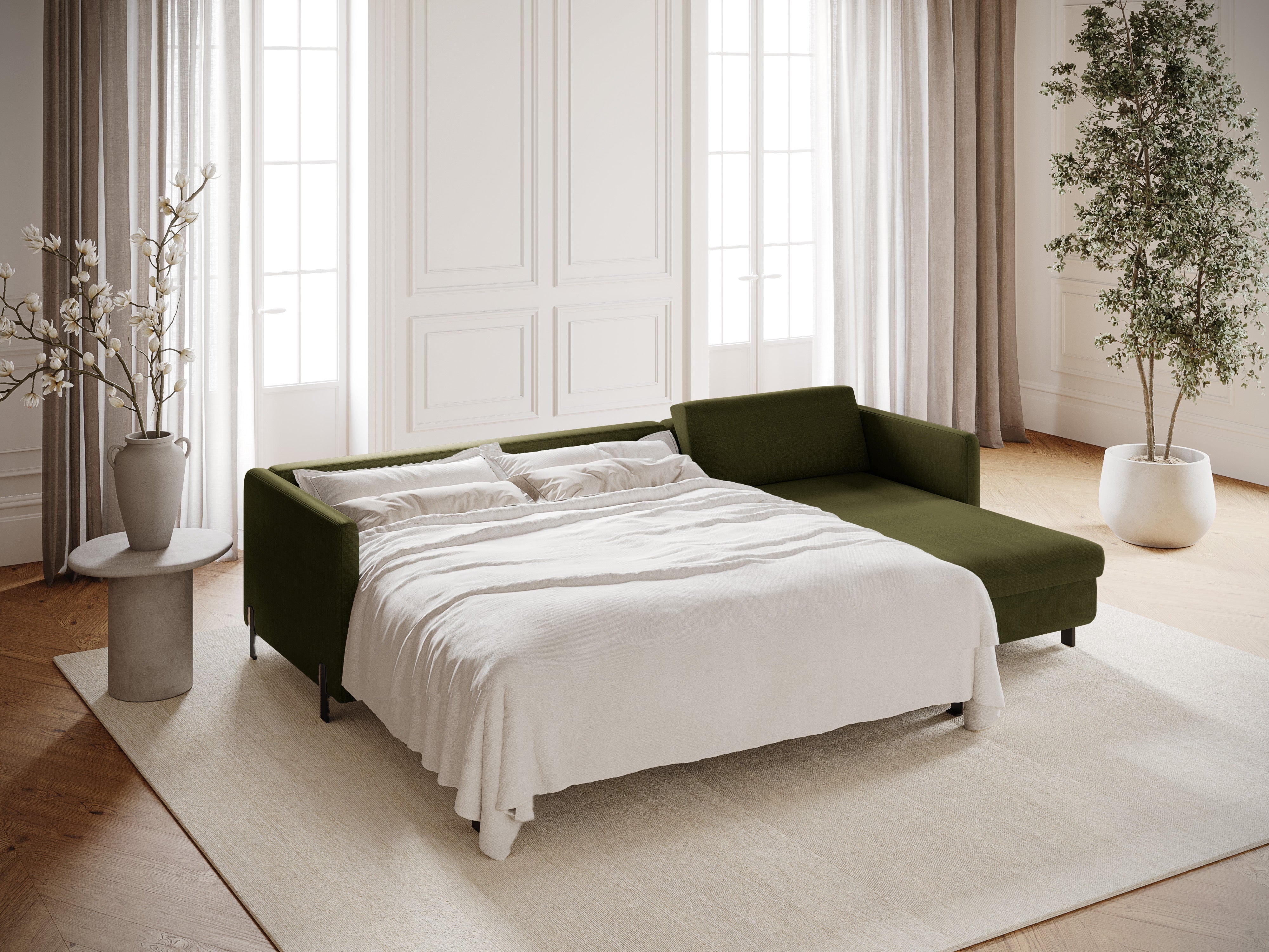 Right Corner Sofa with Bed Function and Box, "Gloria", 4 Seats, Green, 260x170x80
Made in Europe