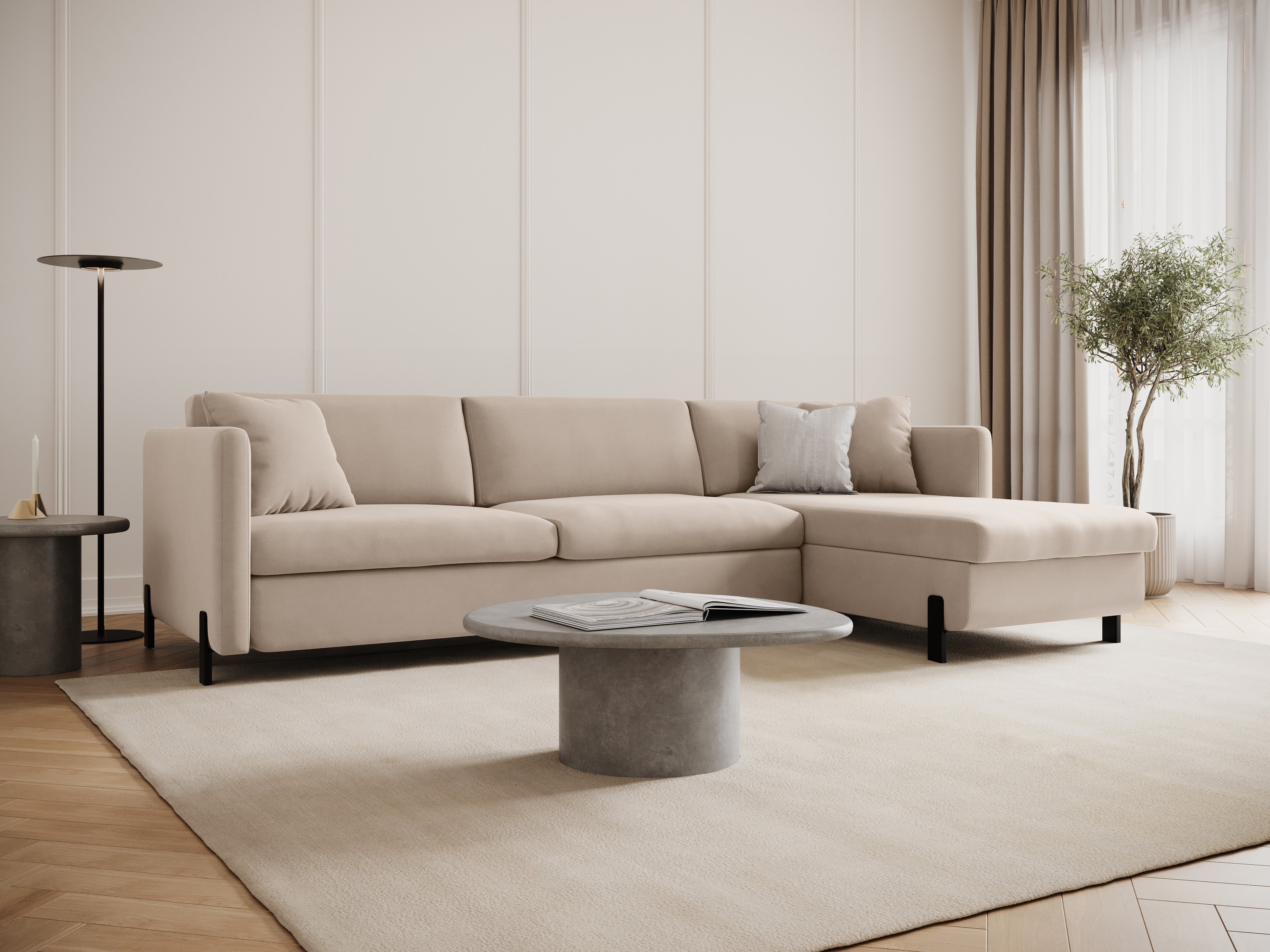 Velvet Right Corner Sofa with Bed Function, "Gloria", 4 Seats, Beige, 260x170x80
Made in Europe