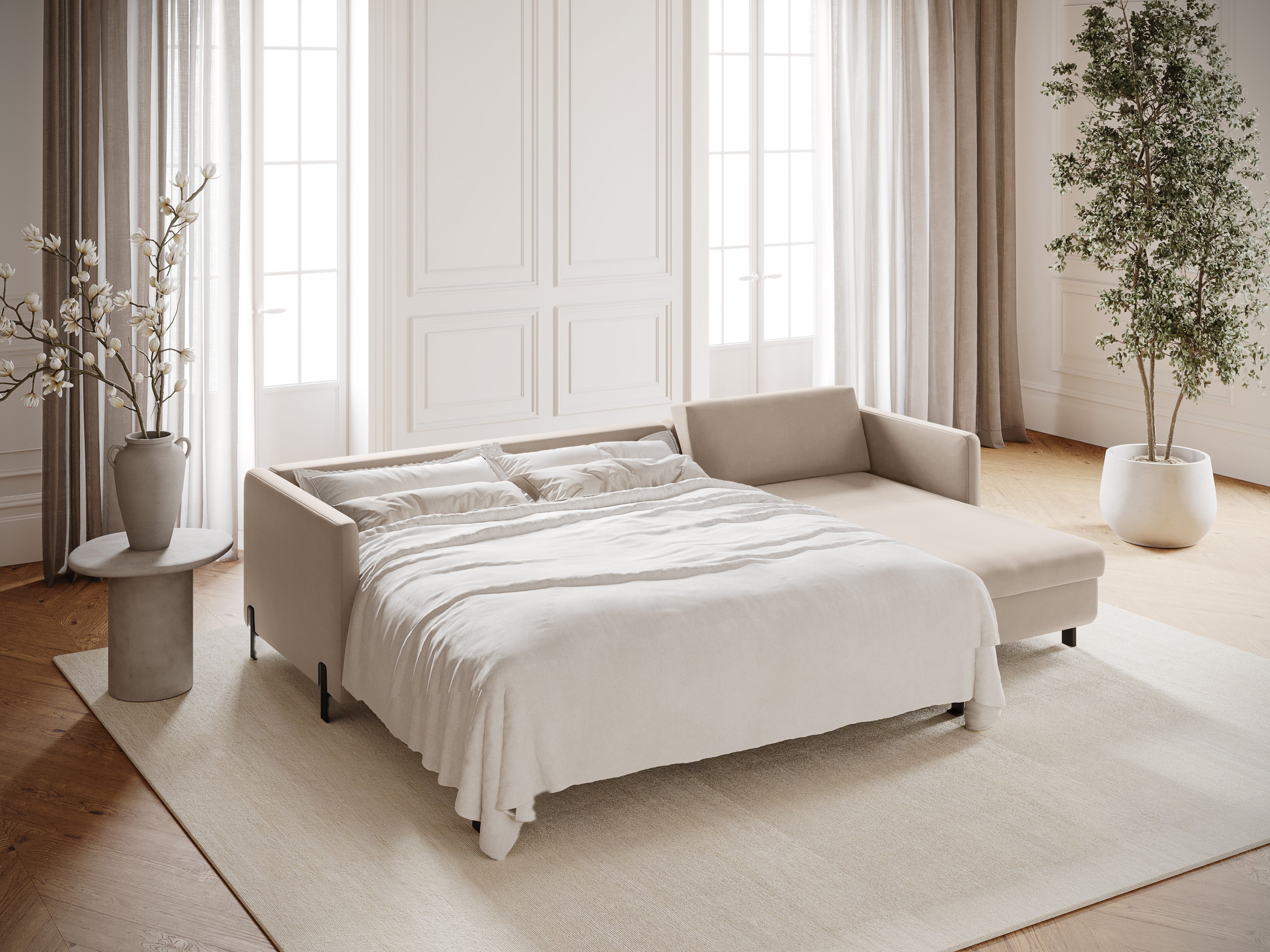 Velvet Right Corner Sofa with Bed Function, "Gloria", 4 Seats, Beige, 260x170x80
Made in Europe