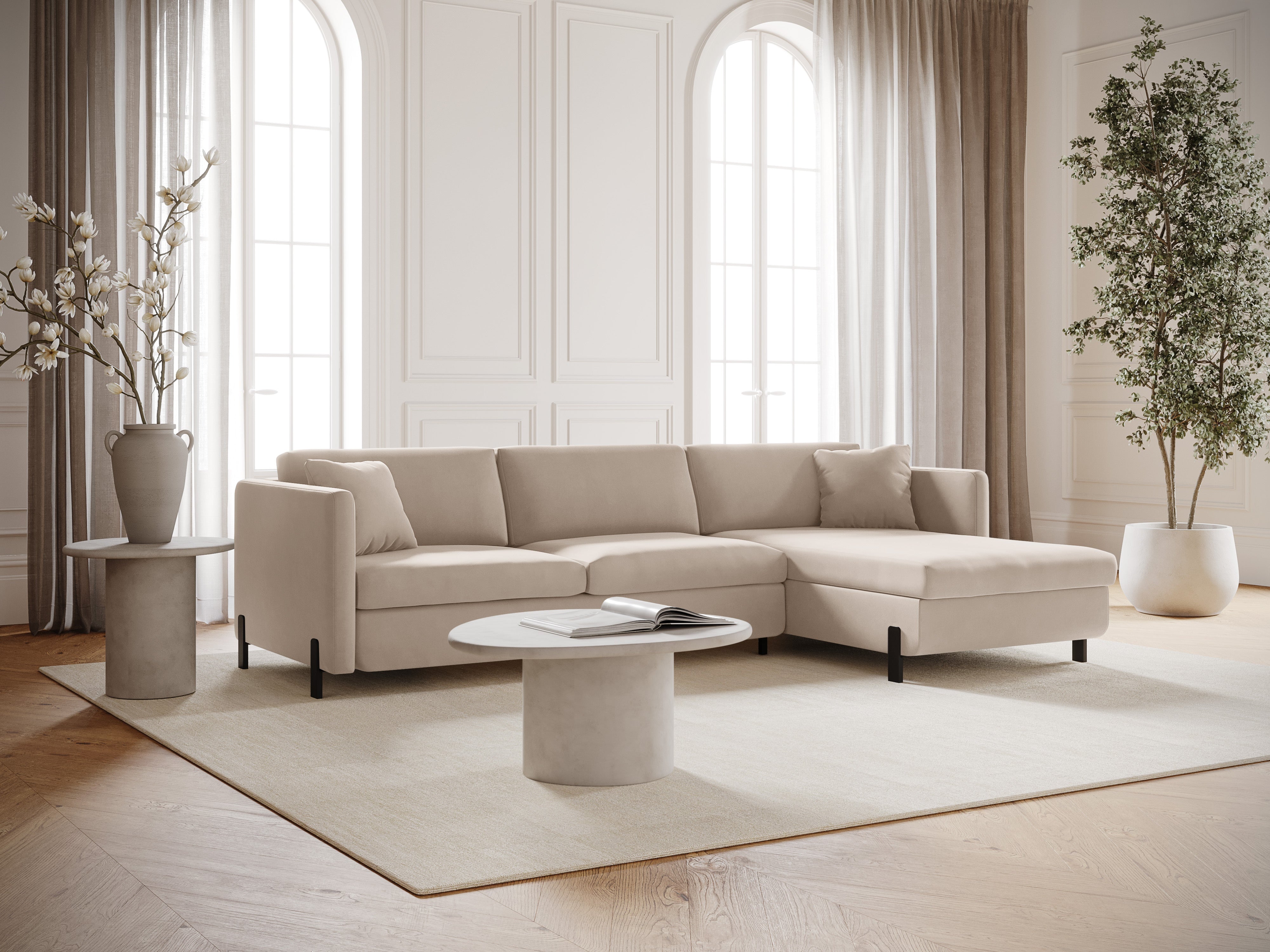 Velvet Right Corner Sofa with Bed Function, "Gloria", 4 Seats, Beige, 260x170x80
Made in Europe