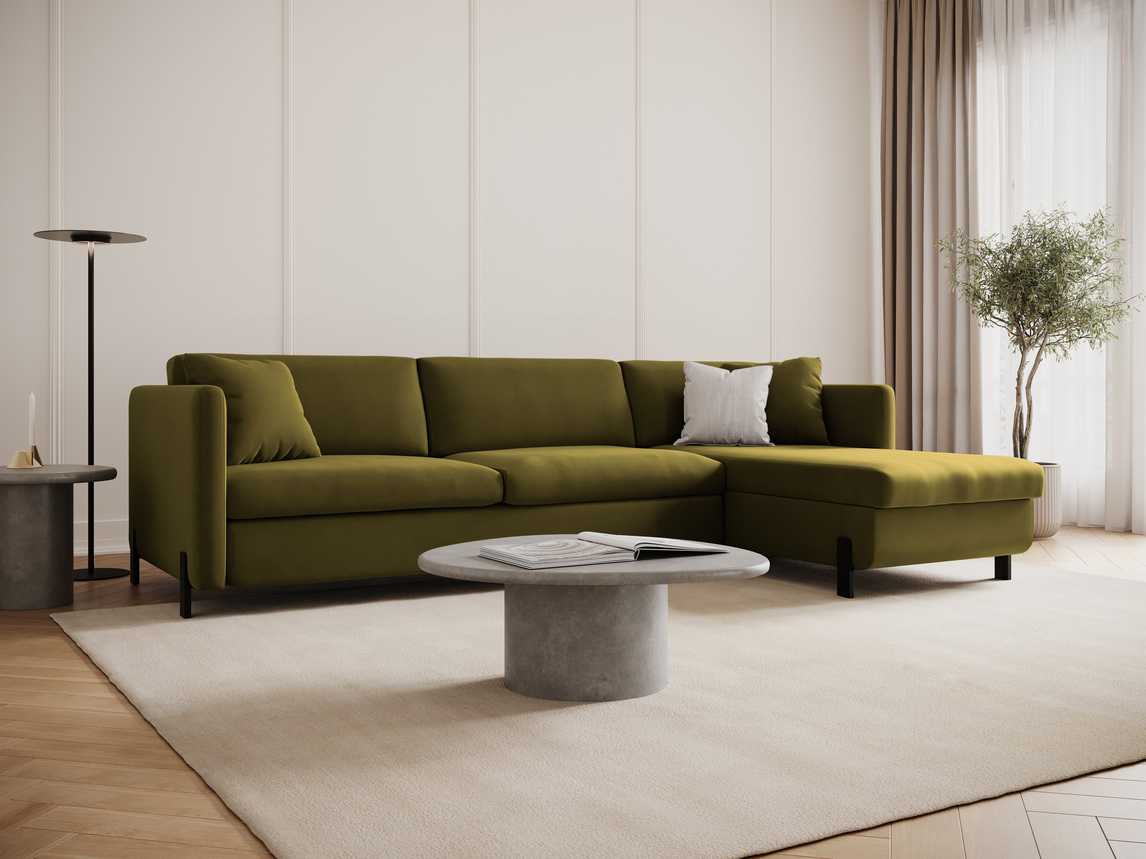 Velvet Right Corner Sofa with Bed Function, "Gloria", 4 Seats, Green, 260x170x80
Made in Europe