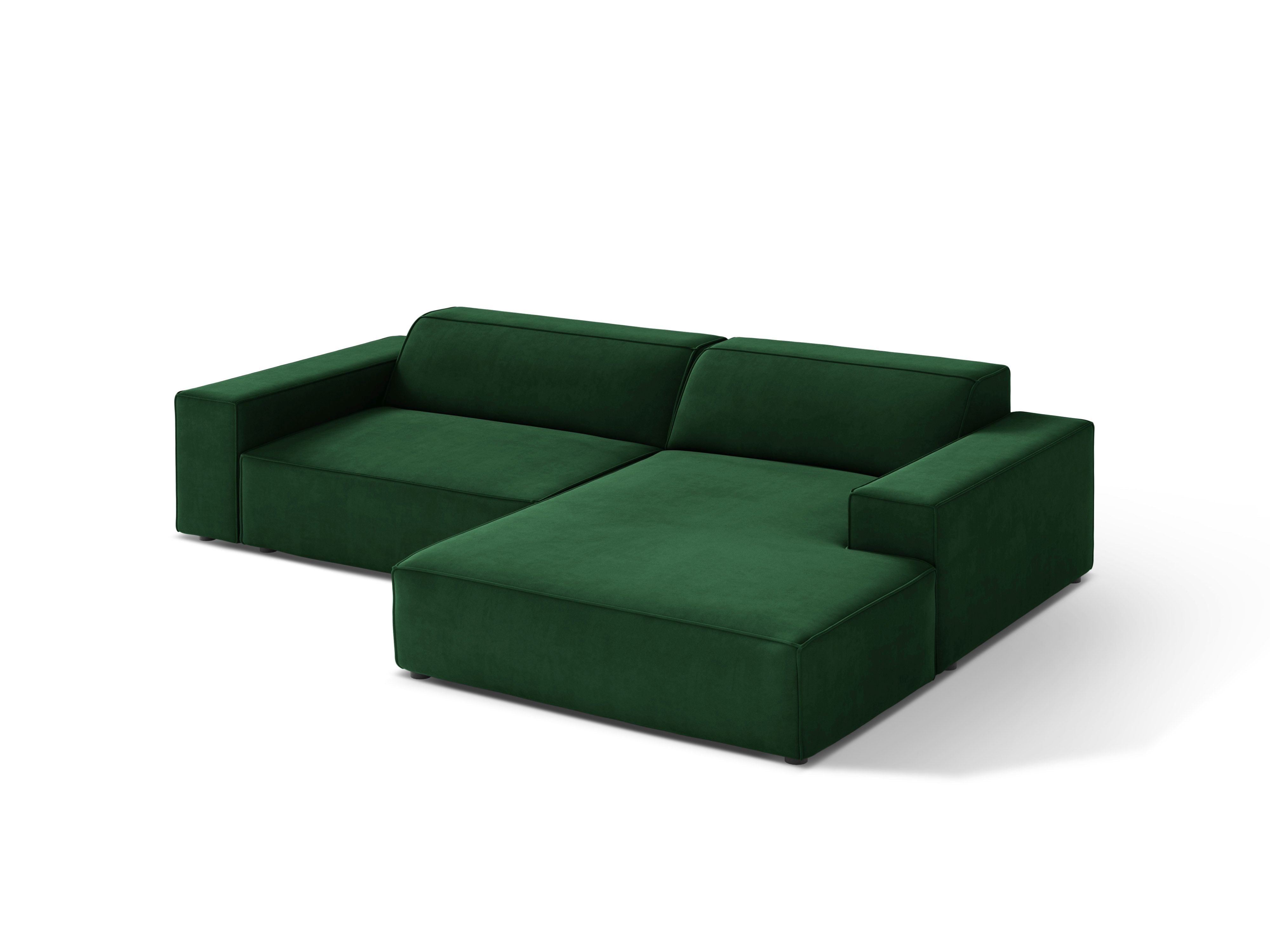 Right-facing velvet corner sofa for three people, JODIE in bottle green.