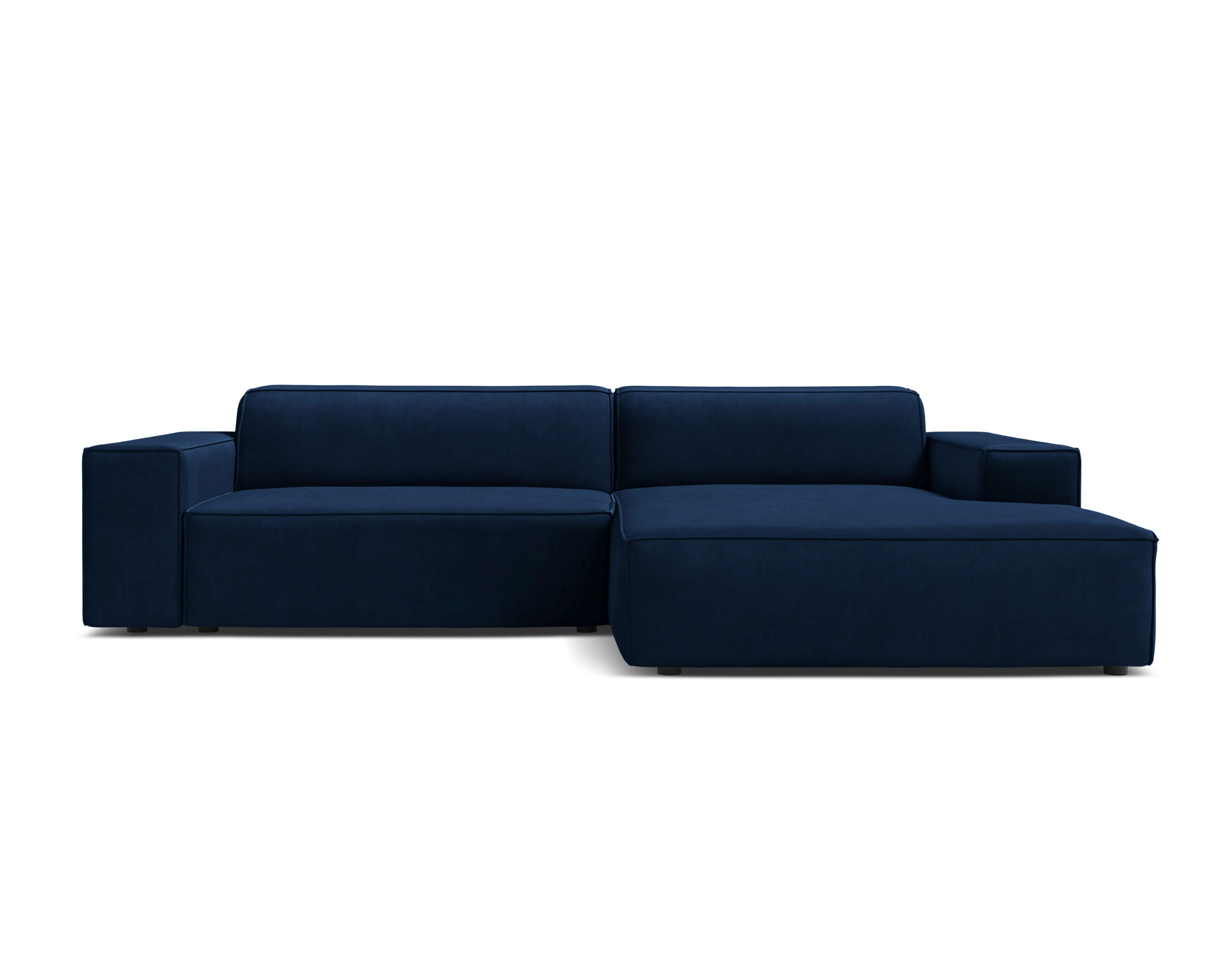 Right-facing velvet corner sofa for three people, JODIE in royal blue.