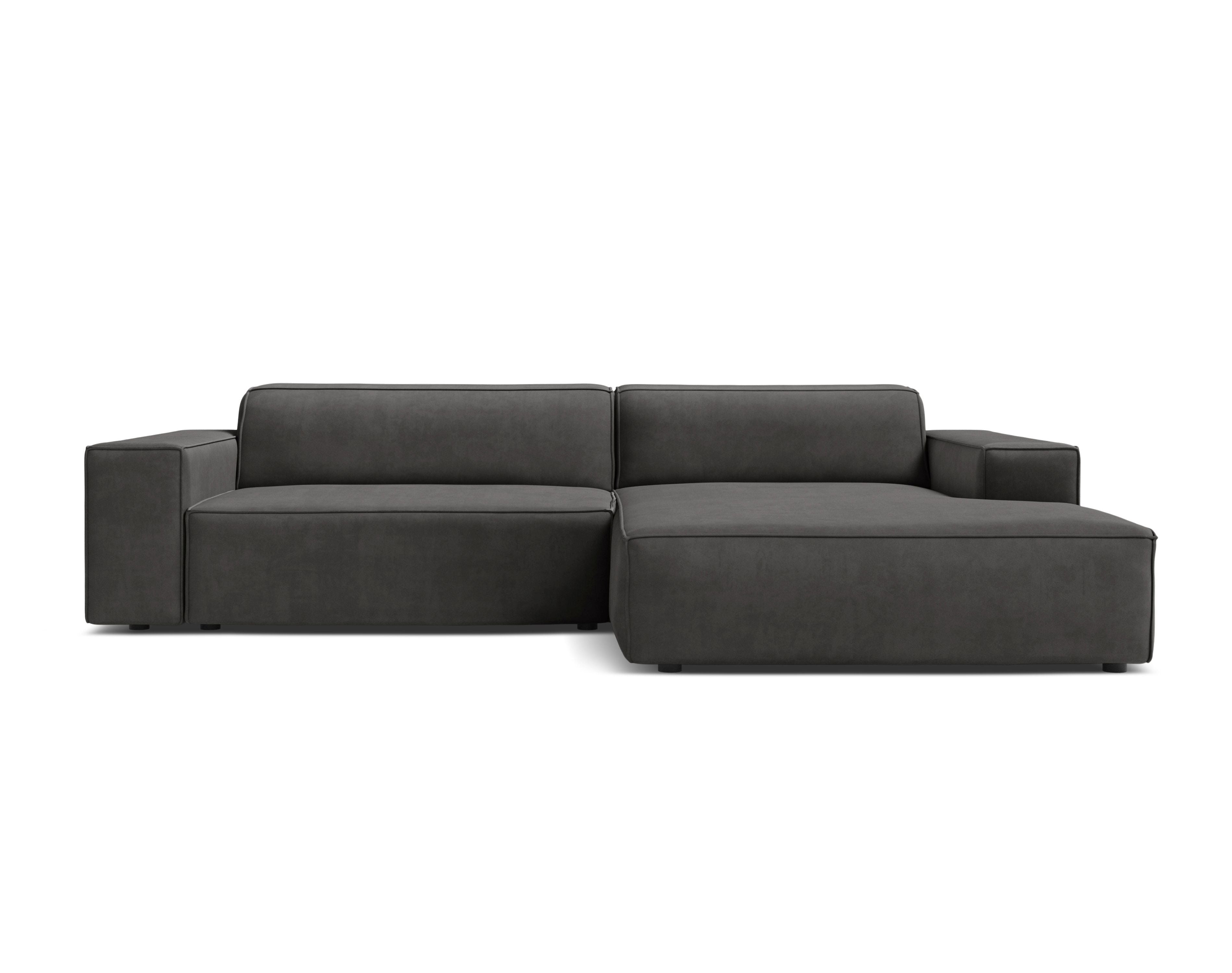 Right-facing velvet corner sofa for three people, JODIE in dark gray.