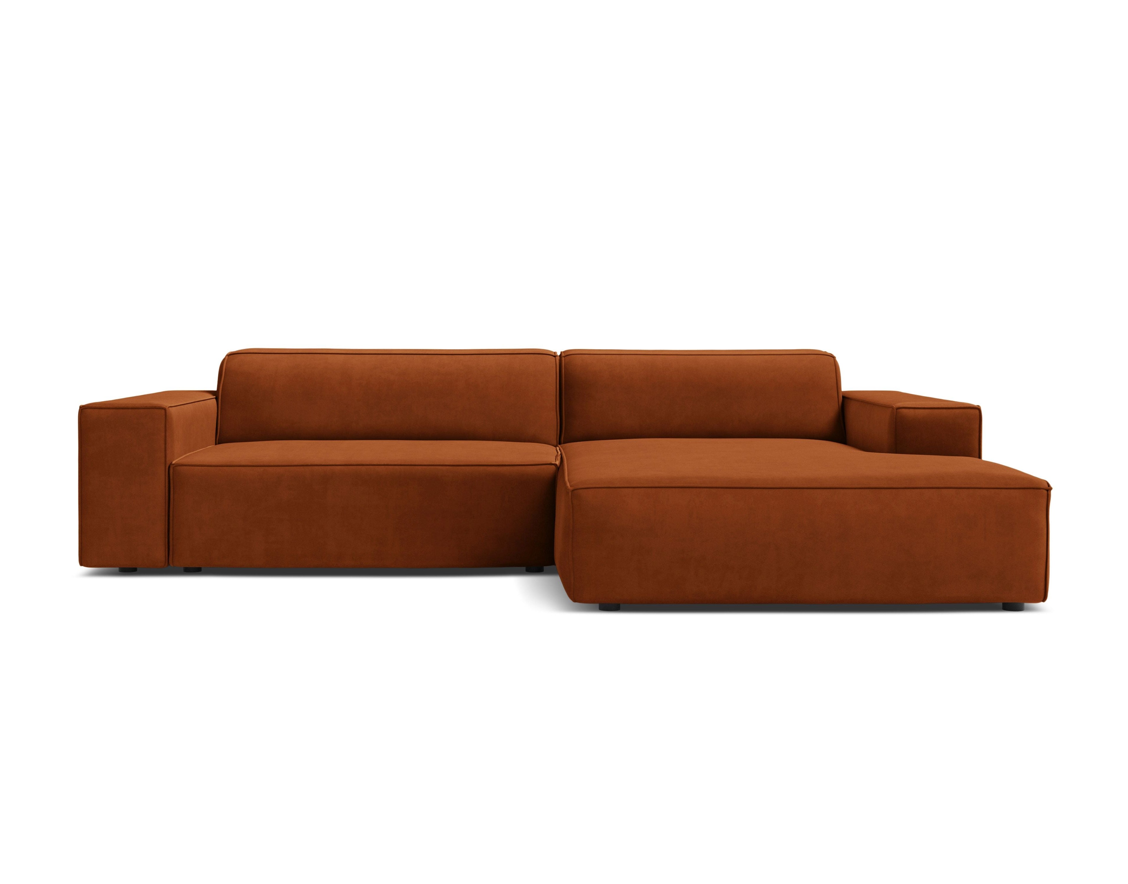 Right-facing velvet corner sofa for three people, JODIE in brick red.