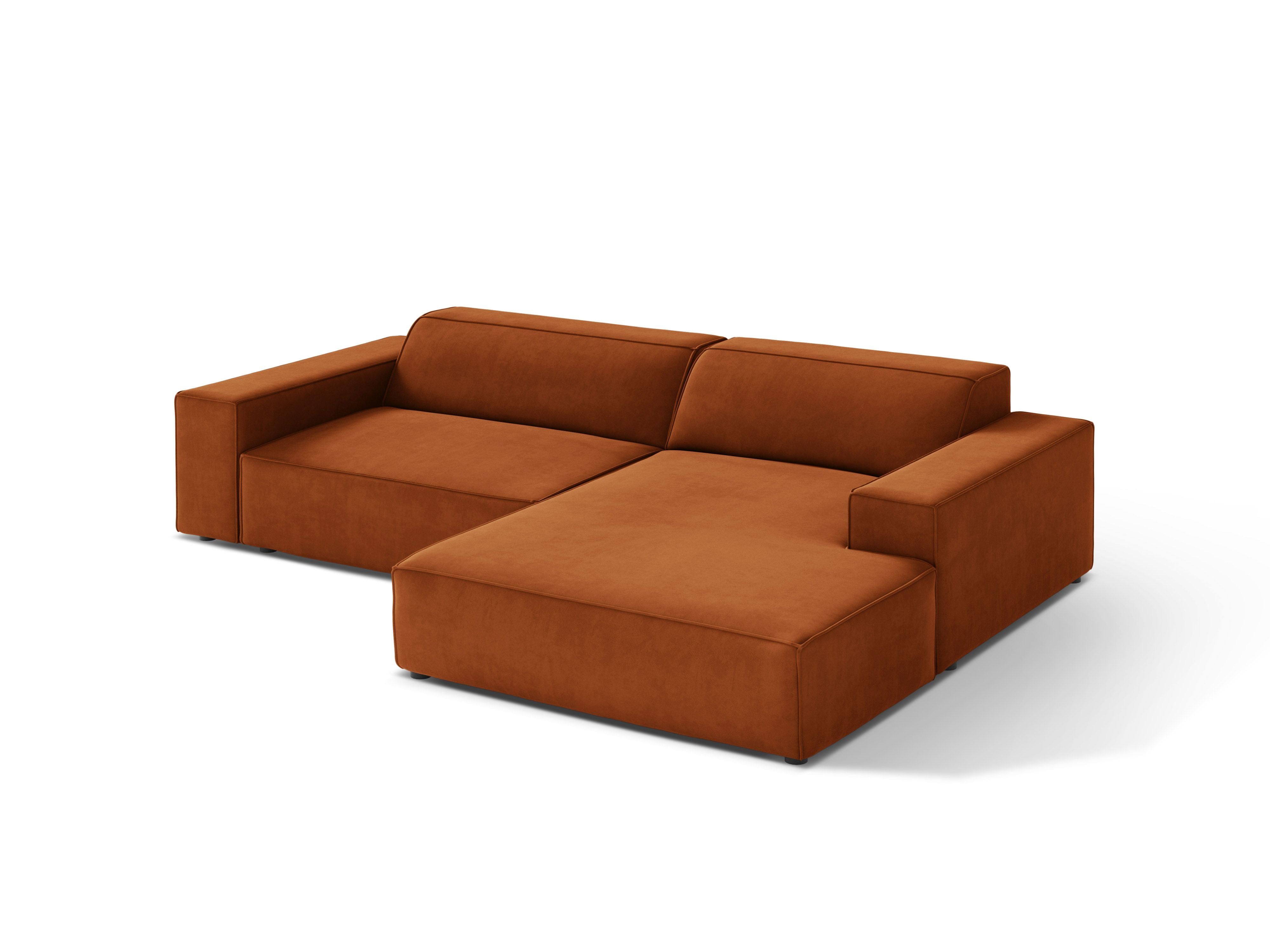 Right-facing velvet corner sofa for three people, JODIE in brick red.