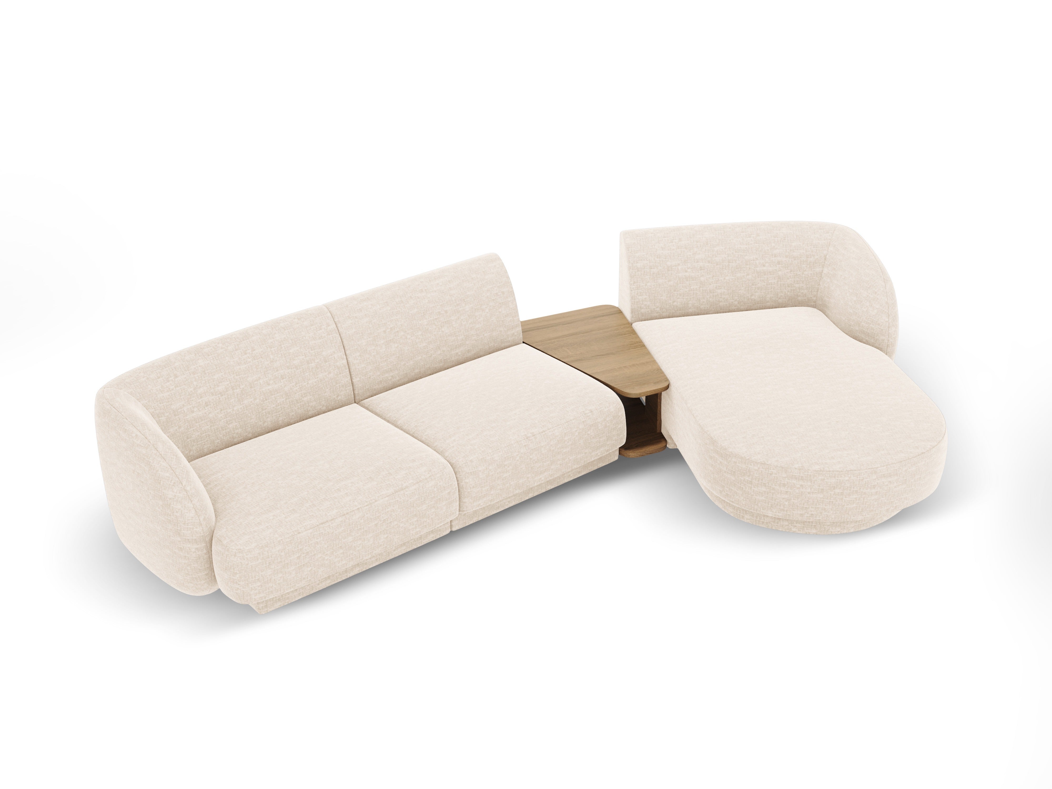 Modular corner sofa with table 3-seater right-hand MILEY light beige silky chenille