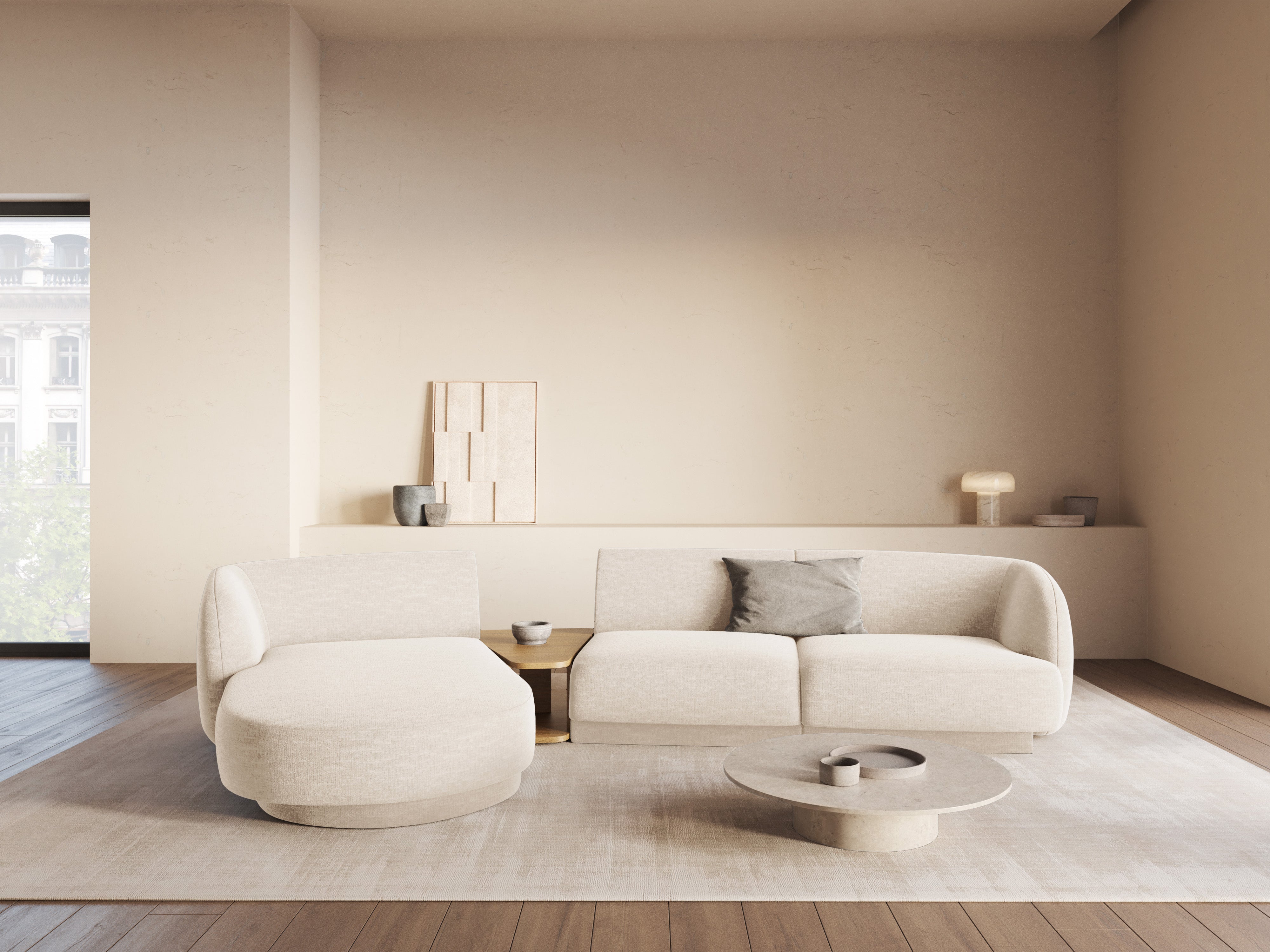 Modulares Ecksofa mit Tisch 3-sitzig links MILEY hellbeige schimmernder Chenille