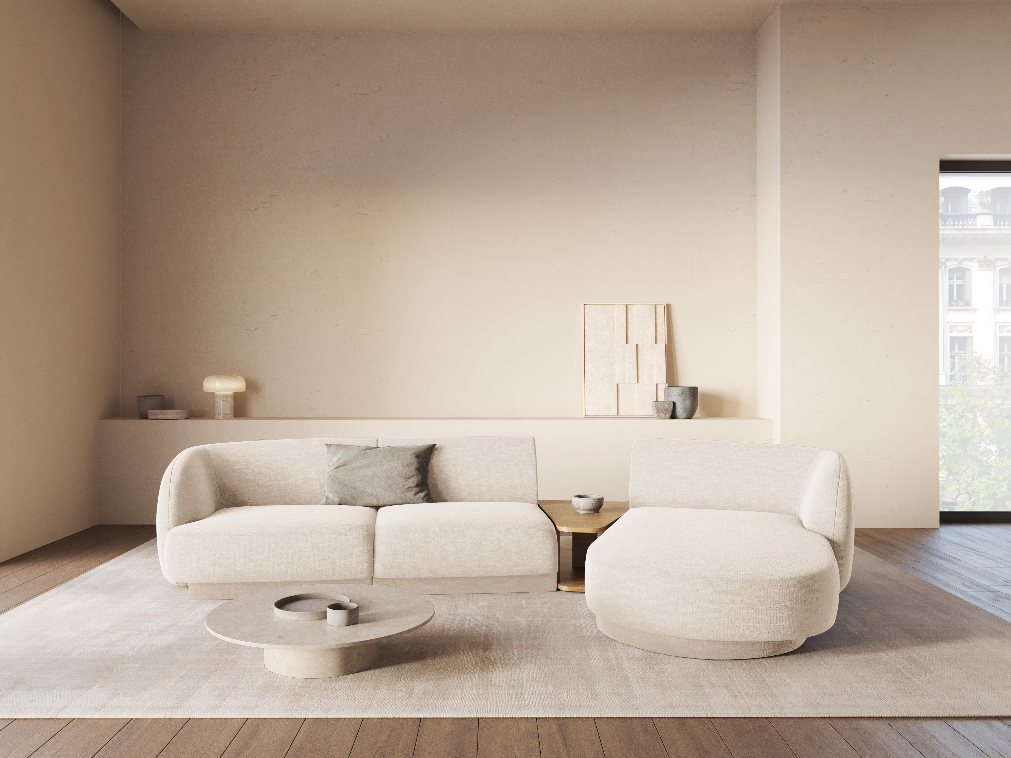 Modulares Ecksofa mit Tisch, 3-Sitzer, links, MILEY, weißes Boucle