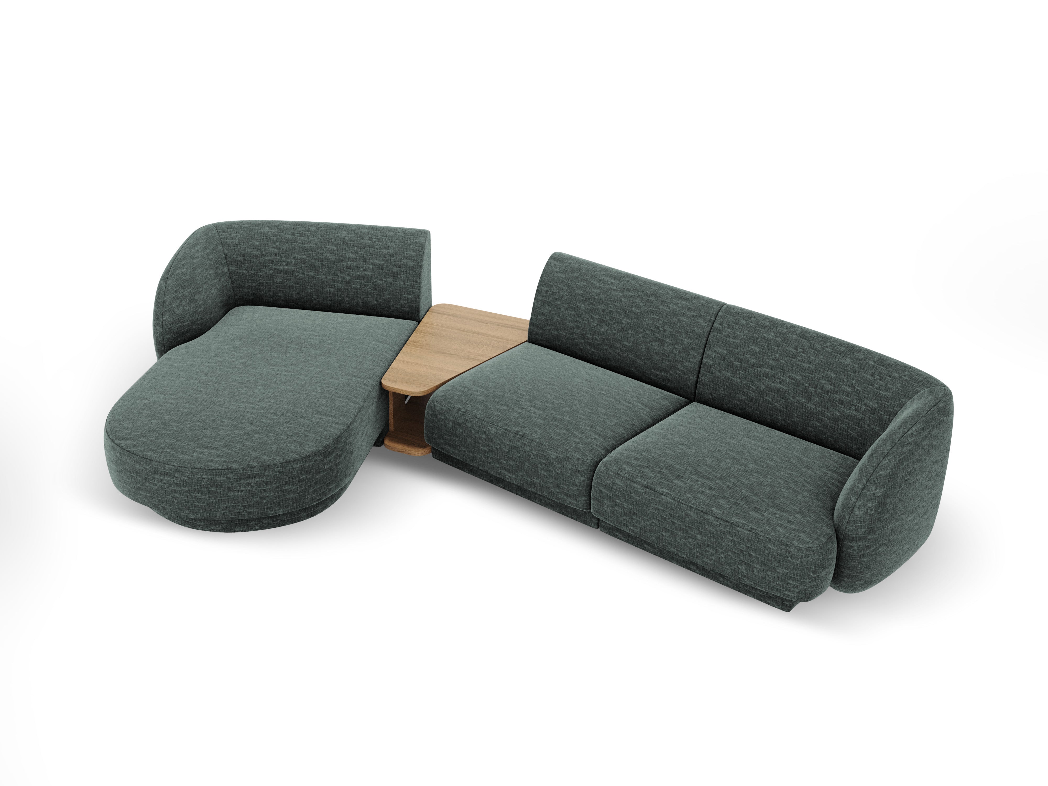 Modulares Ecksofa mit Tisch, 3-Sitzer, linksseitig, MILEY, petrol, samtig