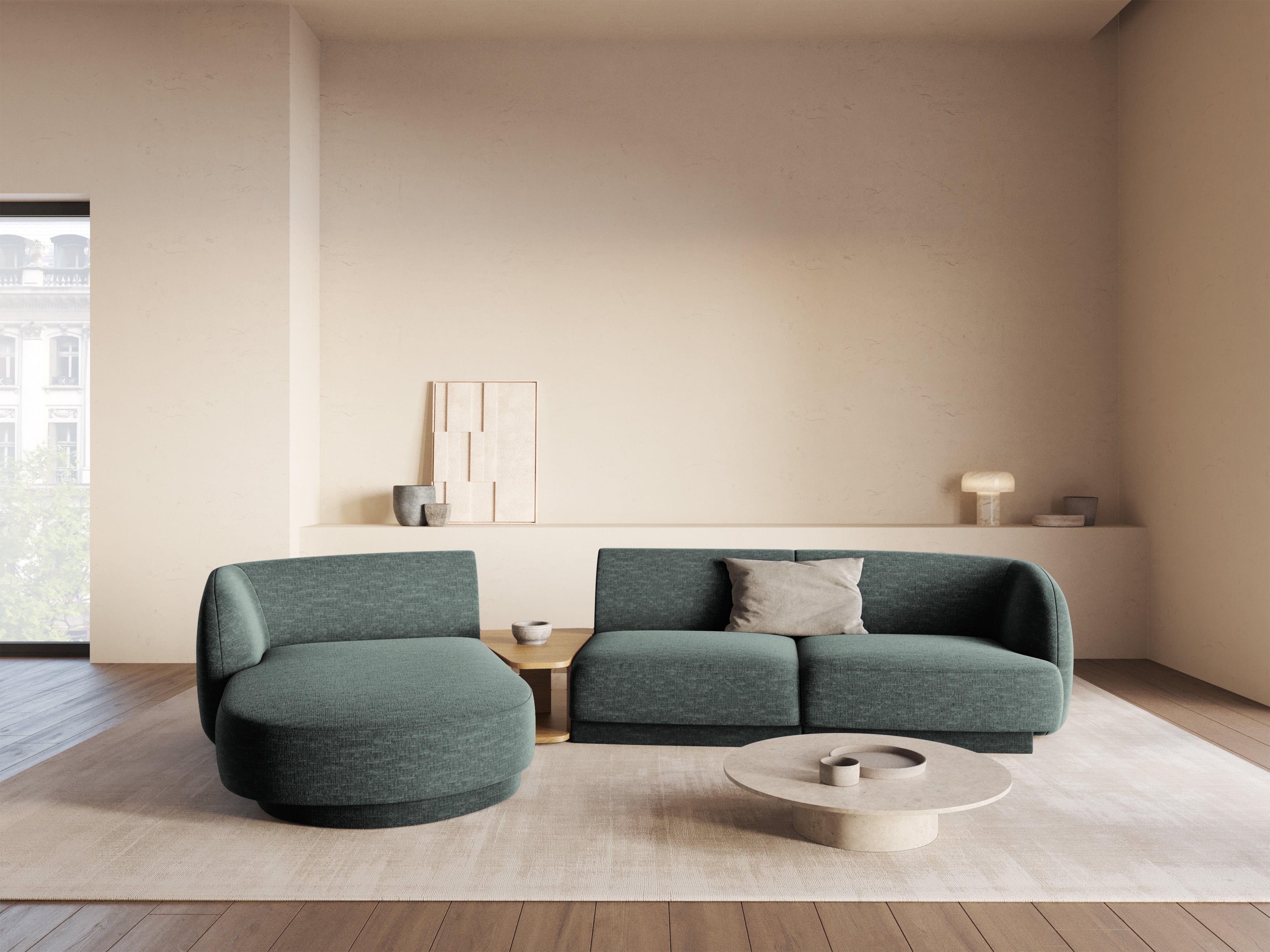 Modulares Ecksofa mit Tisch, 3-Sitzer, linksseitig, MILEY, petrol, samtig