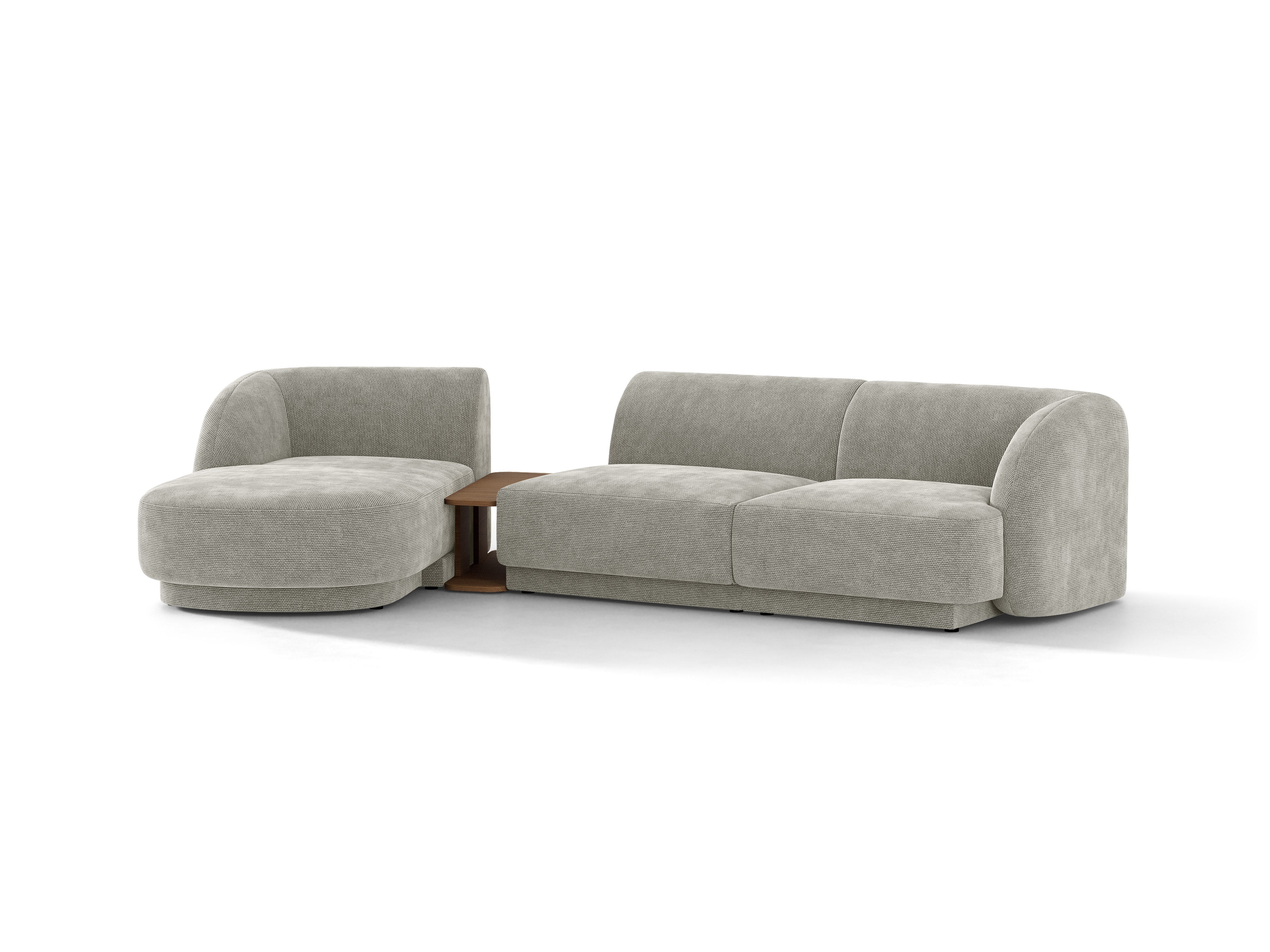 Narożnik modułowy ze stolikiem 3-osobowy lewostronny MILEY jasnoszary szenil jedwabisty – sofa narożna