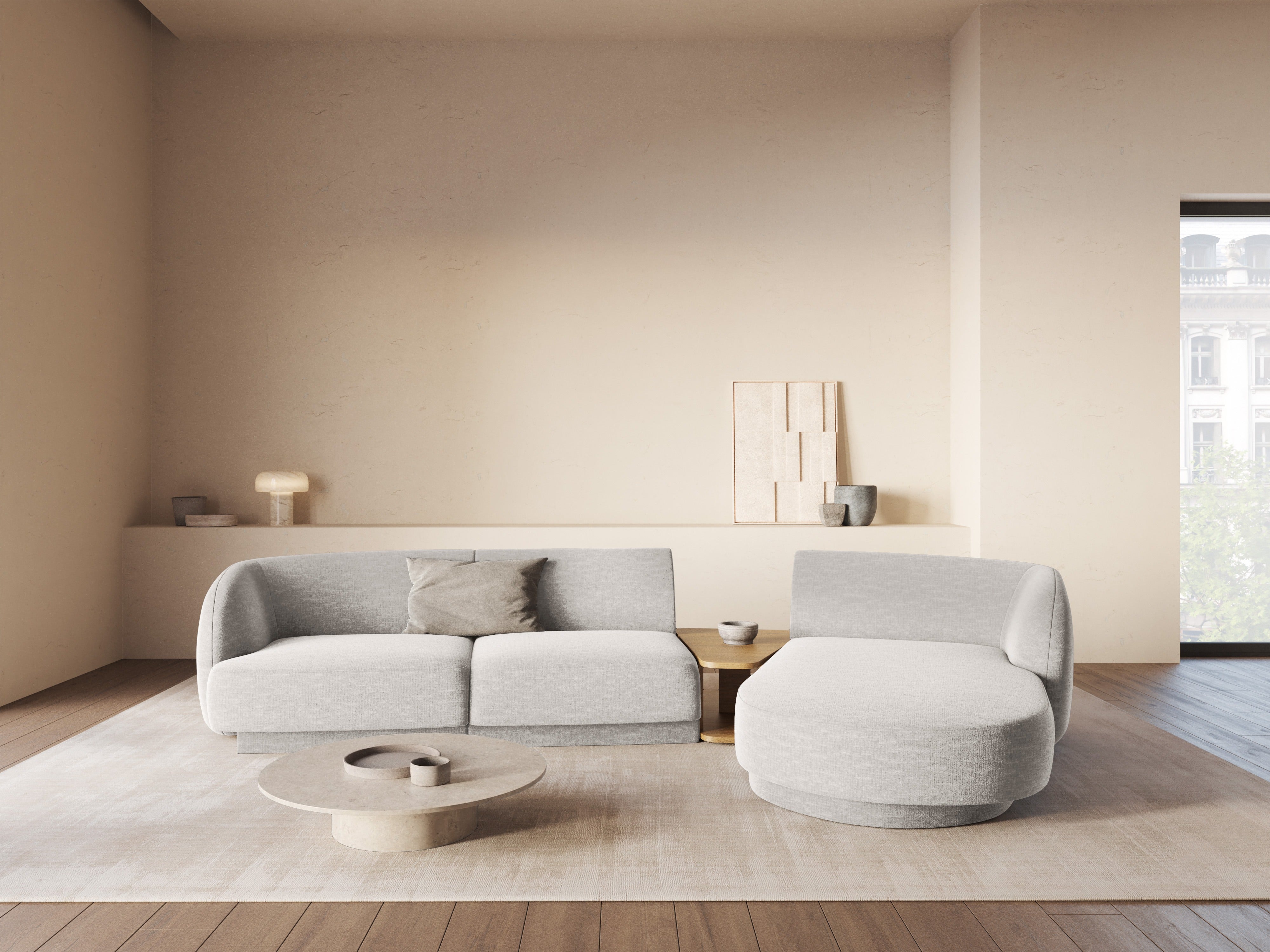 Modulares Ecksofa mit Tisch 3-sitzig links MILEY hellgrau Boucle