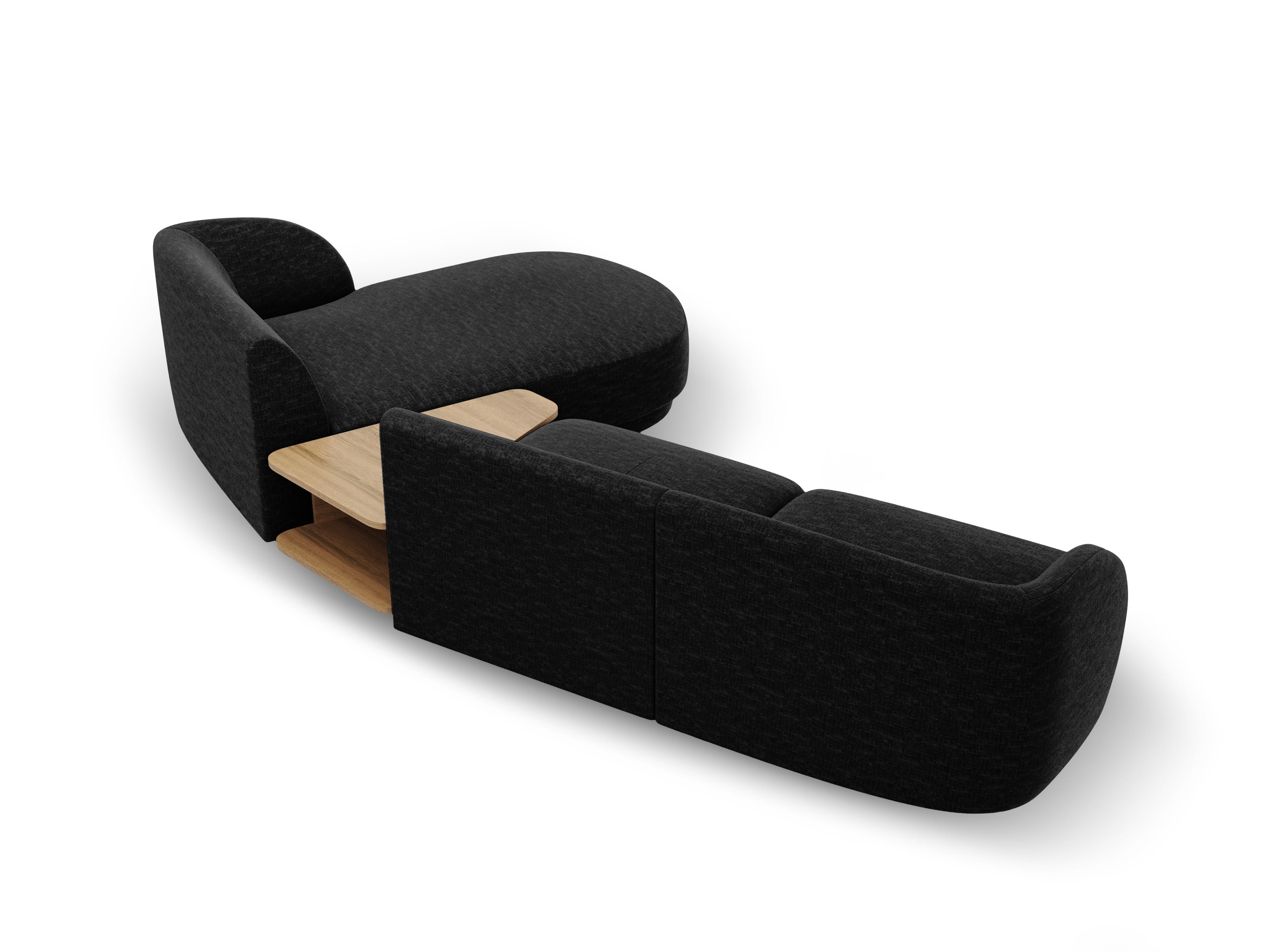 Modulares Ecksofa mit Tisch, 3-Sitzer, rechtsseitig, MILEY, schwarzer, seidiger Chenille