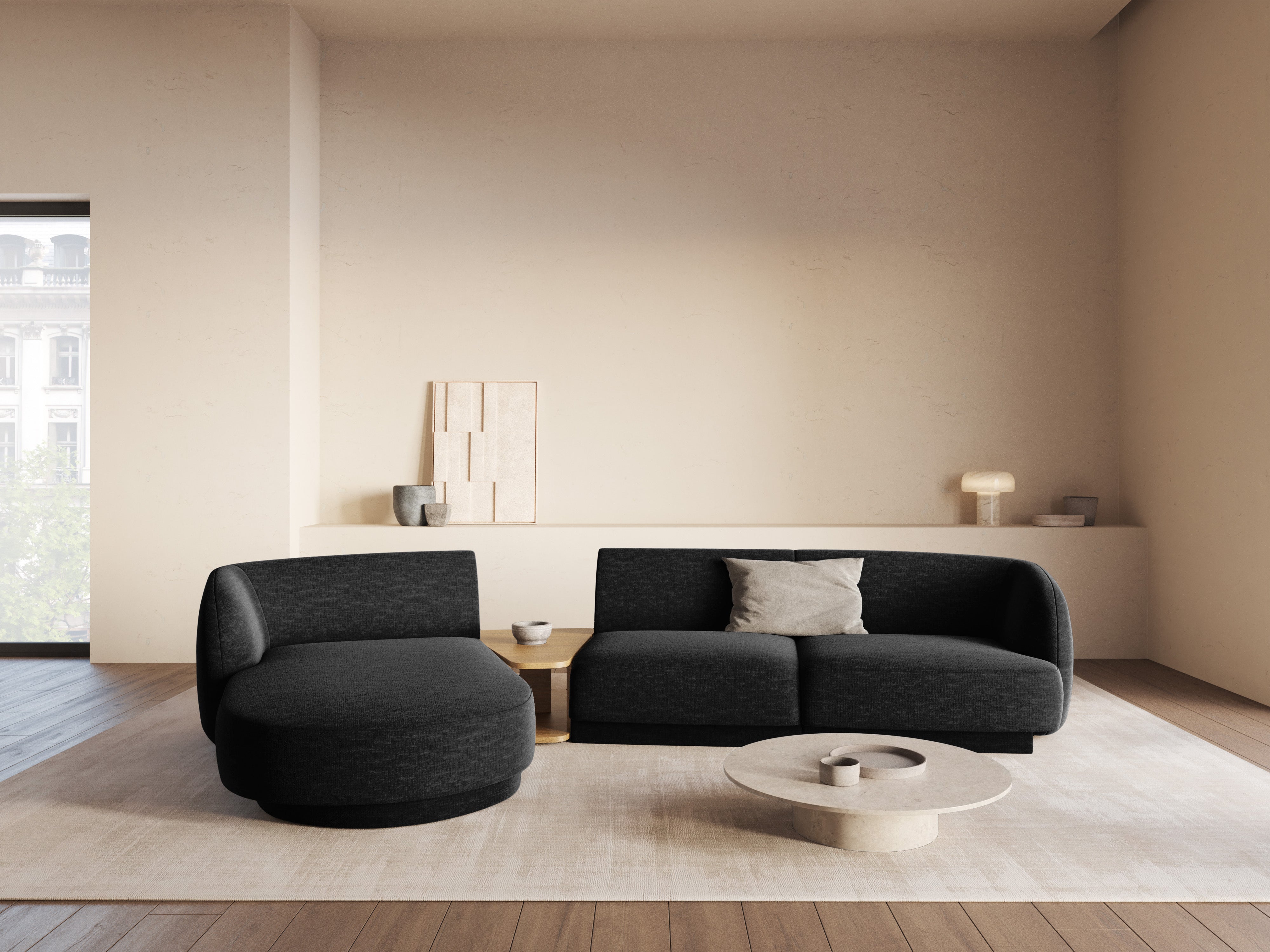 Modulares Ecksofa mit Tisch, 3-Sitzer, linksseitig, MILEY, schwarzer schimmernder Chenille