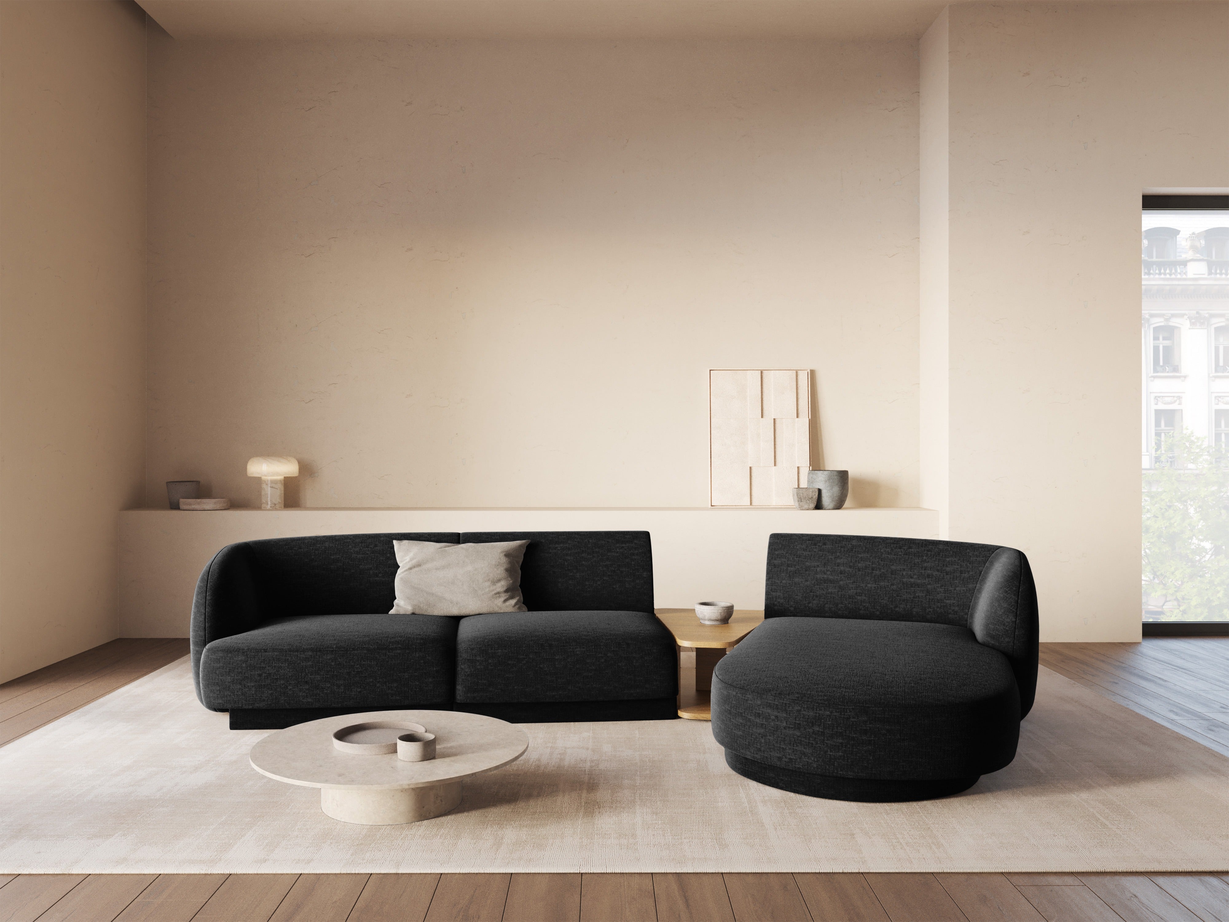 Modulares Ecksofa mit Tisch, 3-Sitzer, rechtsseitig, MILEY, schwarzer, seidiger Chenille