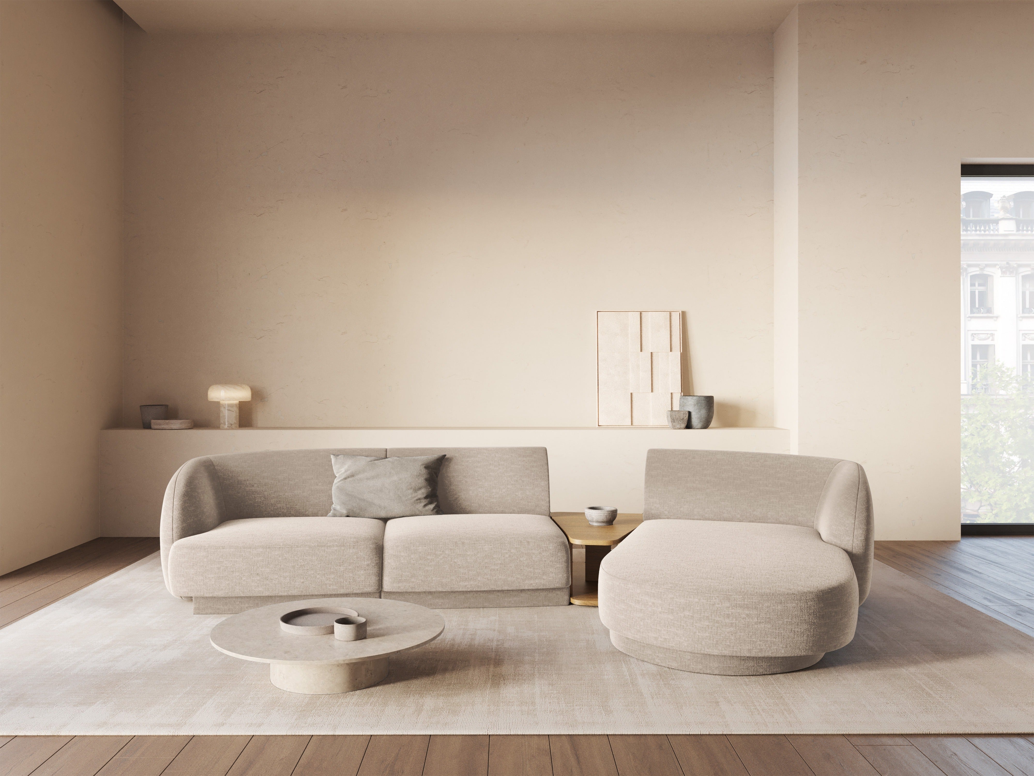 Modular corner sofa with table 3-seater right-sided MILEY beige chenille